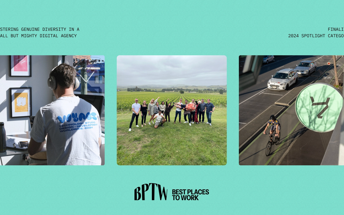 Left image; photo of developer working. Center image; team celebrating at a Vineyard. Right image; Voyage sign
