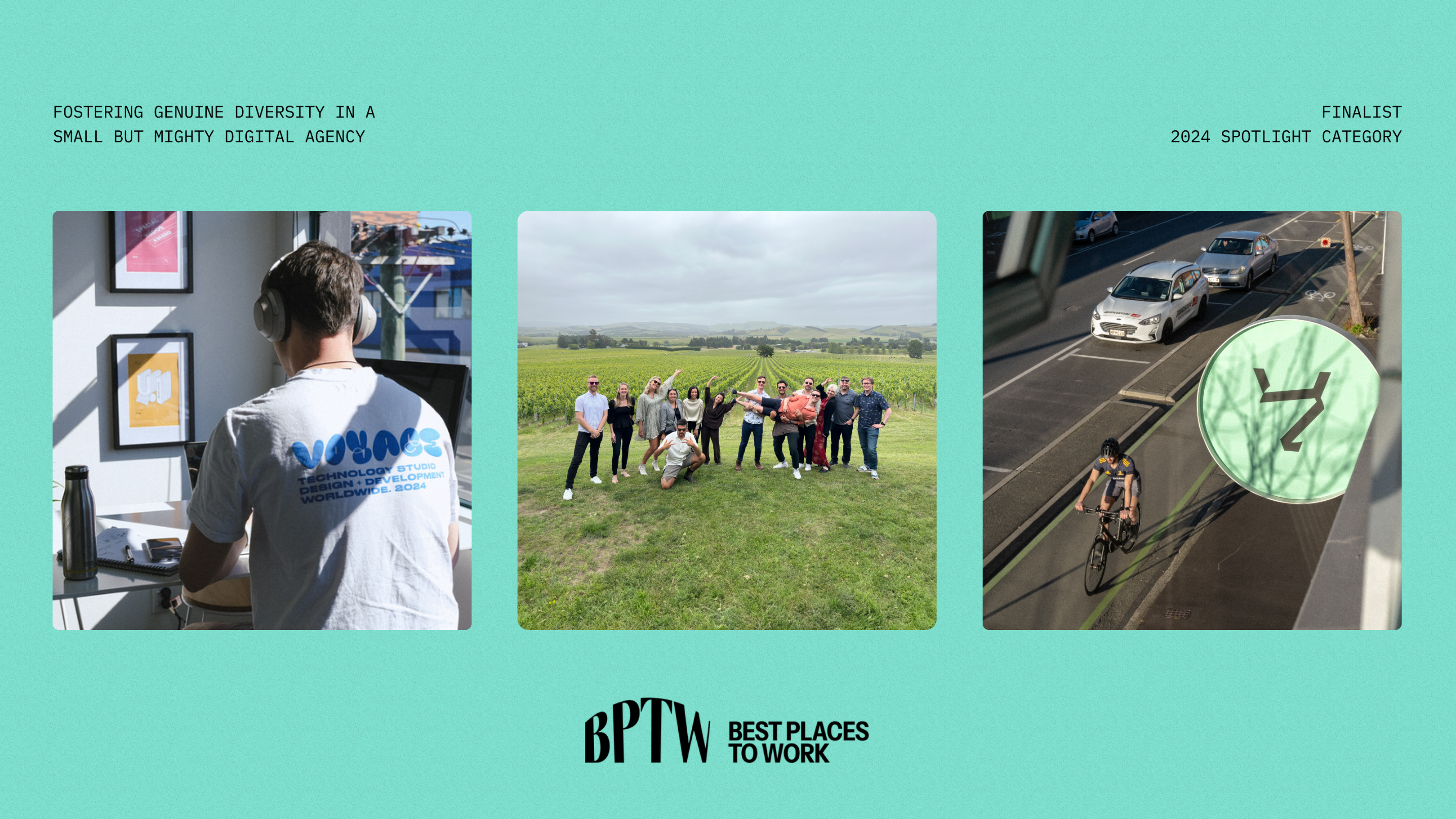 Left image; photo of developer working. Center image; team celebrating at a Vineyard. Right image; Voyage sign