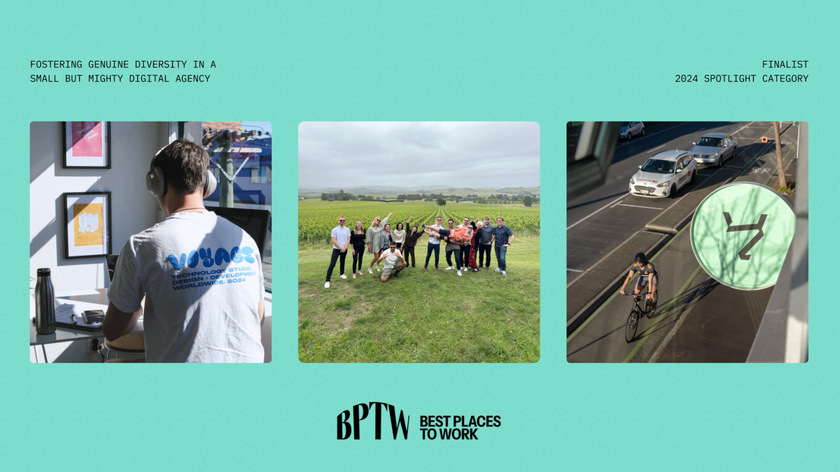 Left image; photo of developer working. Center image; team celebrating at a Vineyard. Right image; Voyage sign
