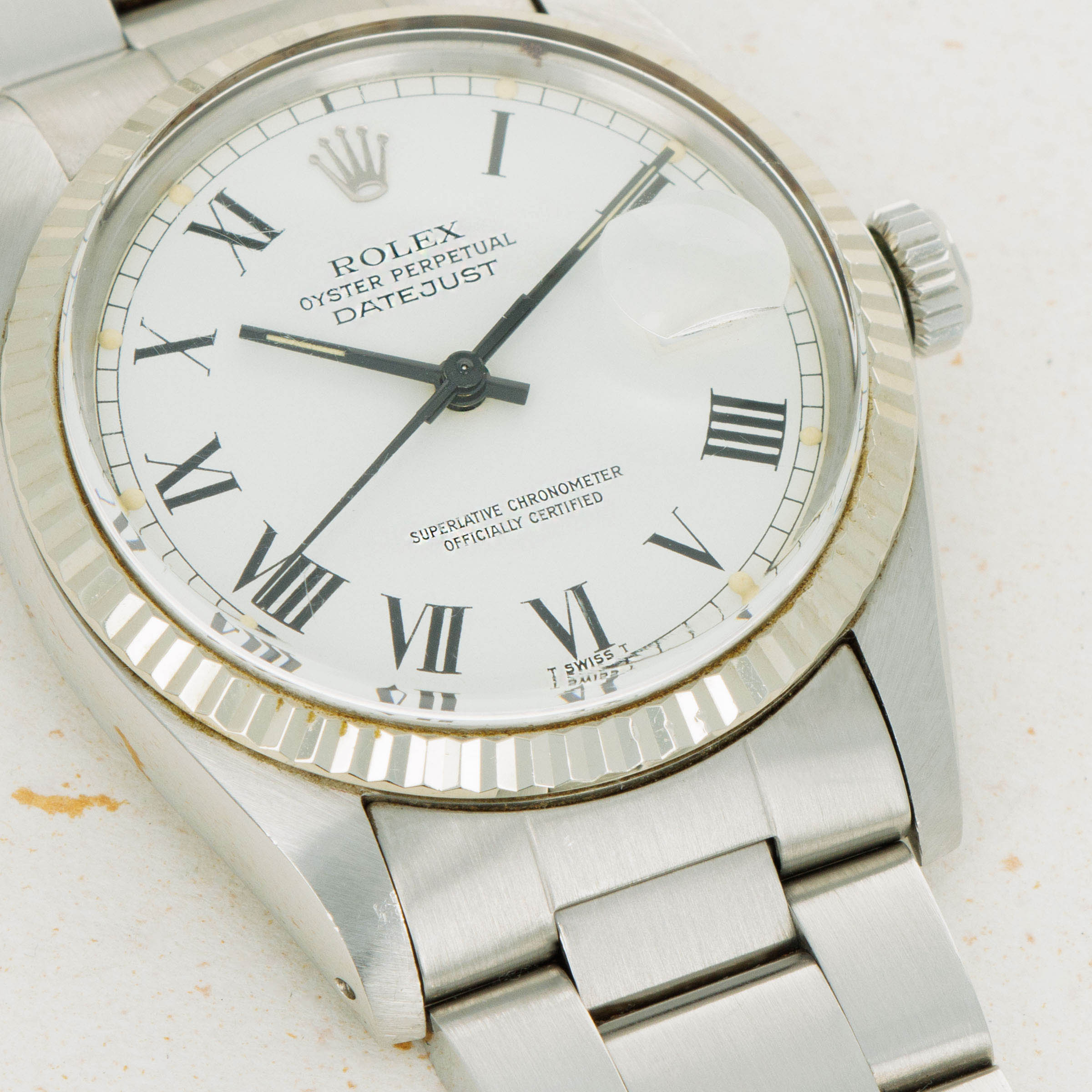 Rolex Datejust 16014 White Gold Bezel White Buckley Dial