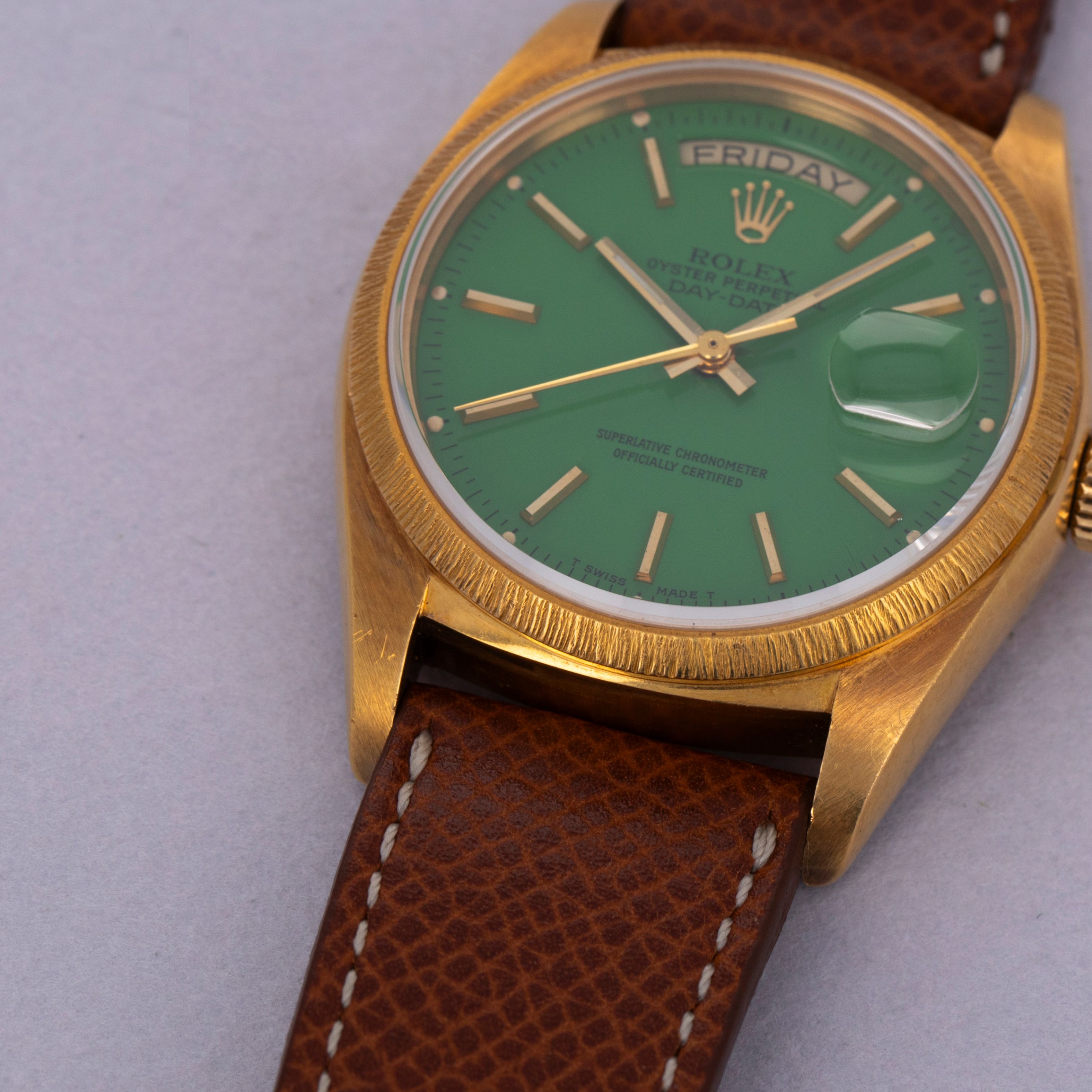 Rolex Day-Date 18078 Green Stella Dial Bark Bezel 18k YG