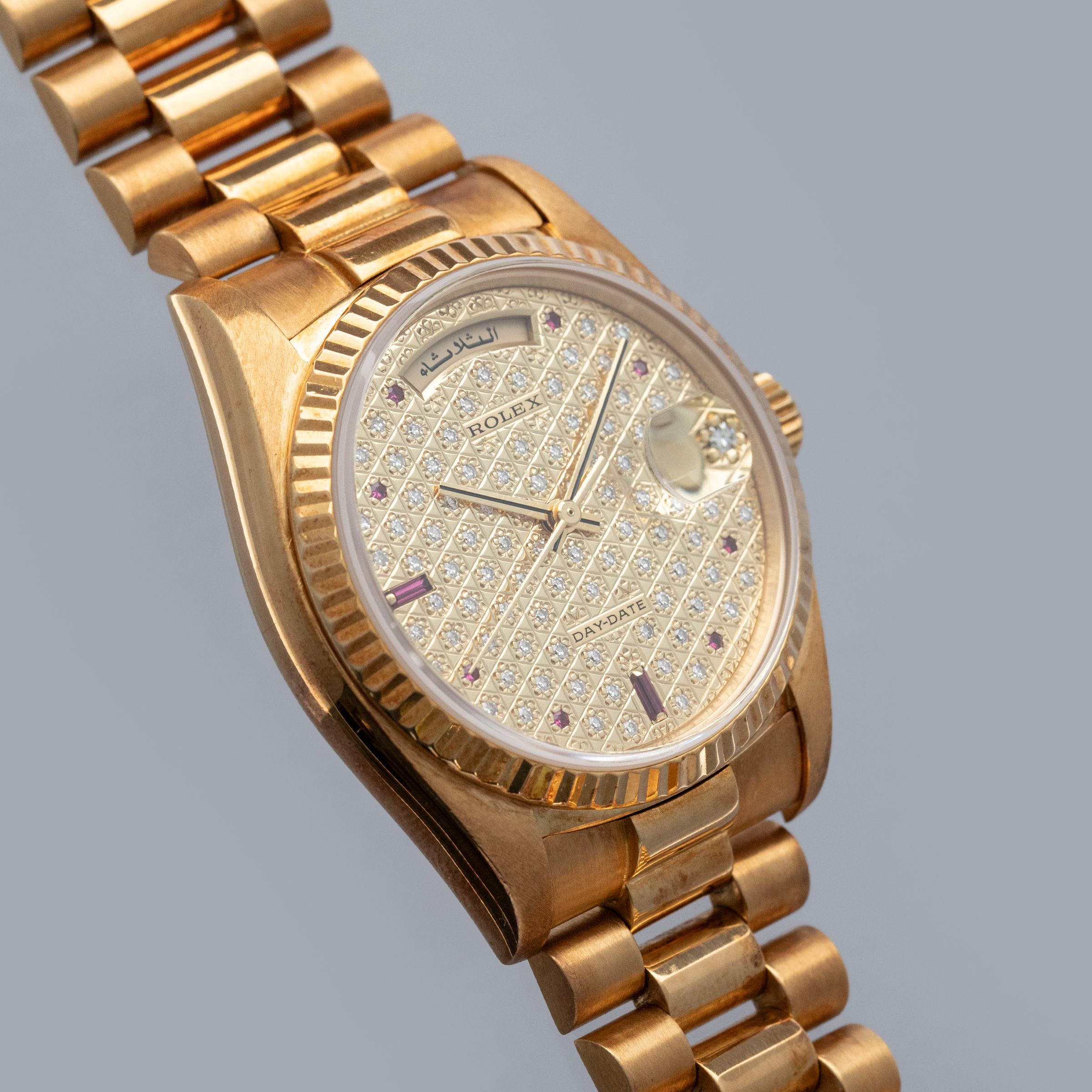 Rolex Day-Date 18038 Engraved Diamond Dial Ruby Indexes Arabic