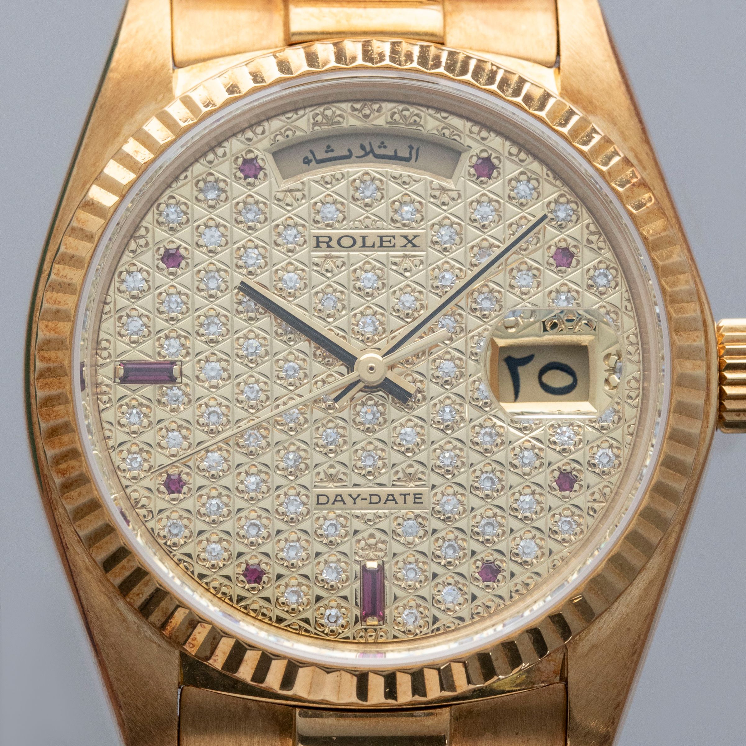 Rolex Day-Date 18038 Engraved Diamond Dial Ruby Indexes Arabic