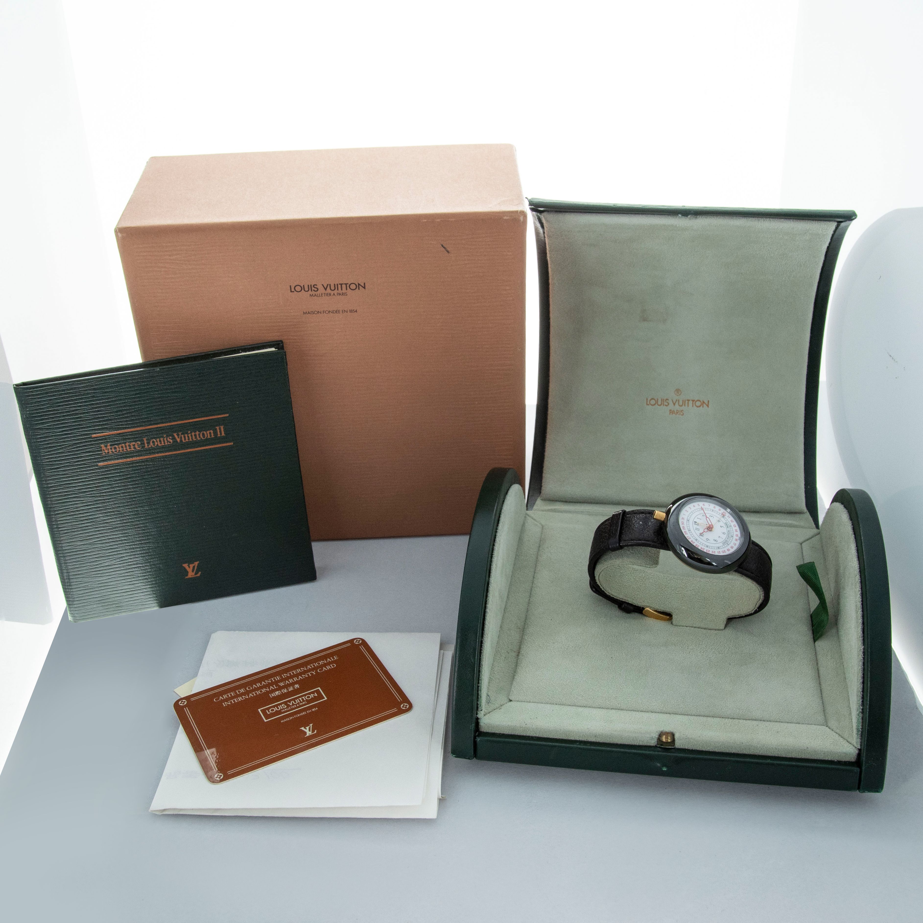 LOUIS VUITTON MONTEREY II QUARTZ ALARM BLACK CERAMIC BOX AND