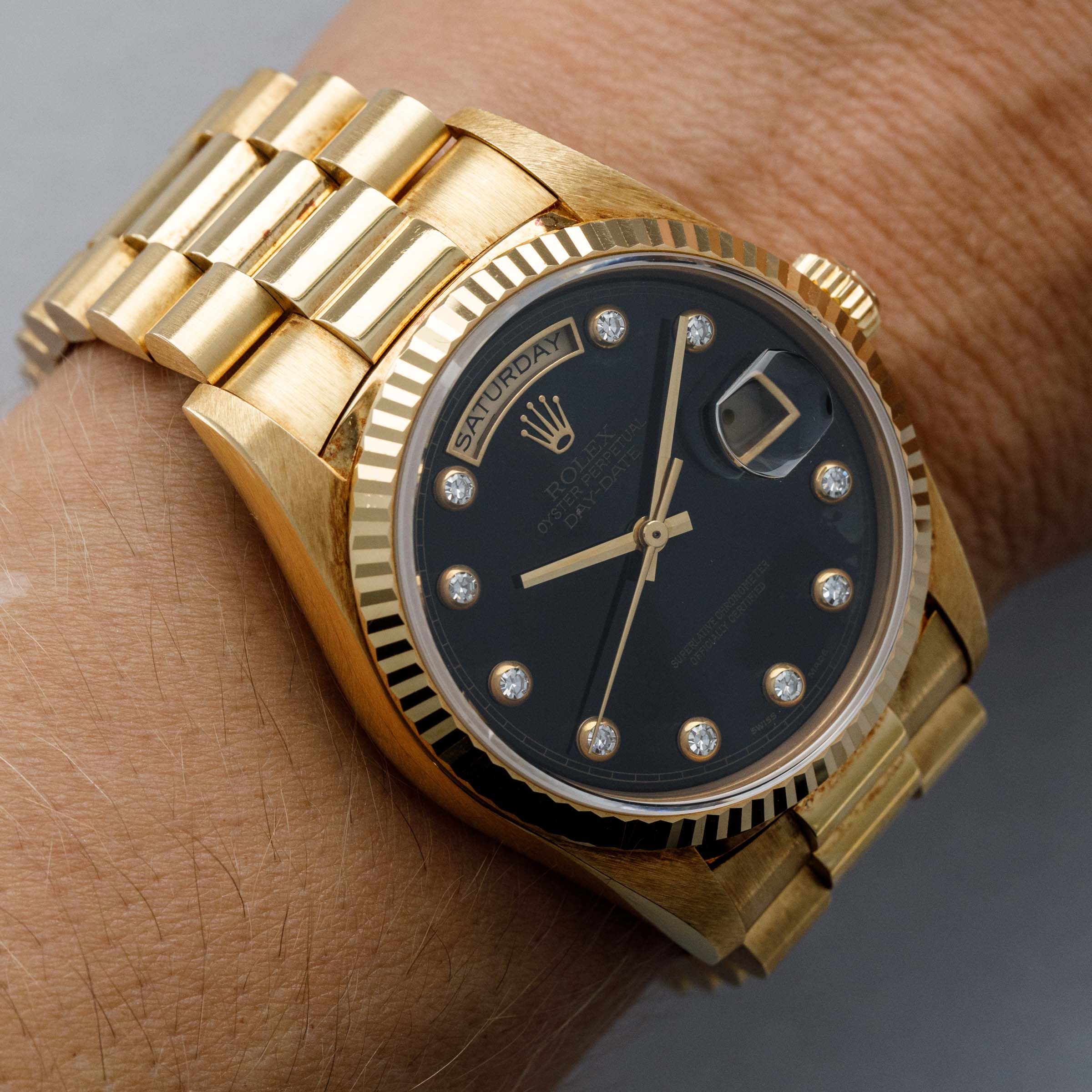 Rolex Day-Date 18238 Onyx Pinball Diamond Dial 18k YG | Auctions