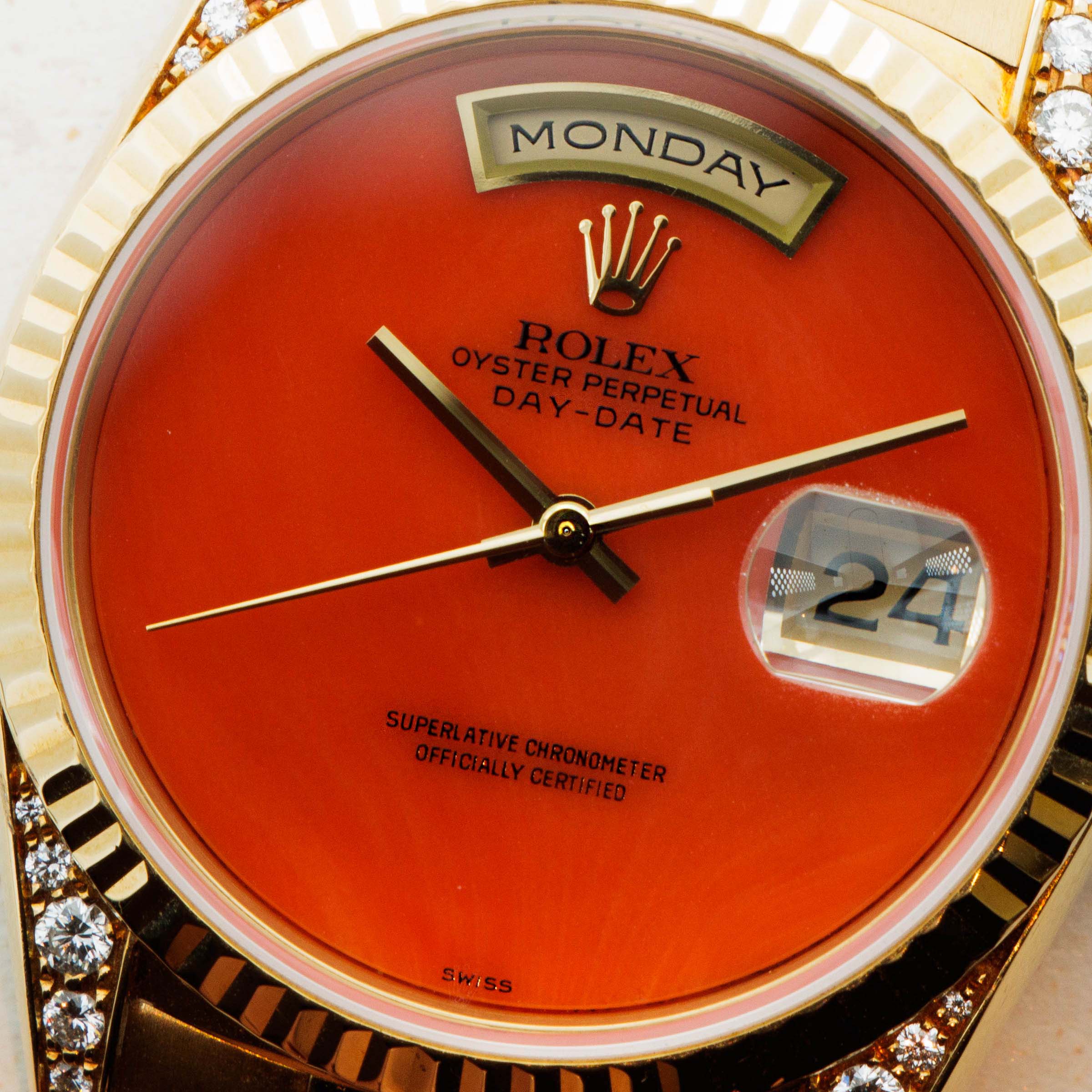 Rolex Day Date Coral Dial Diamond Lugs 18338 with Guarantee