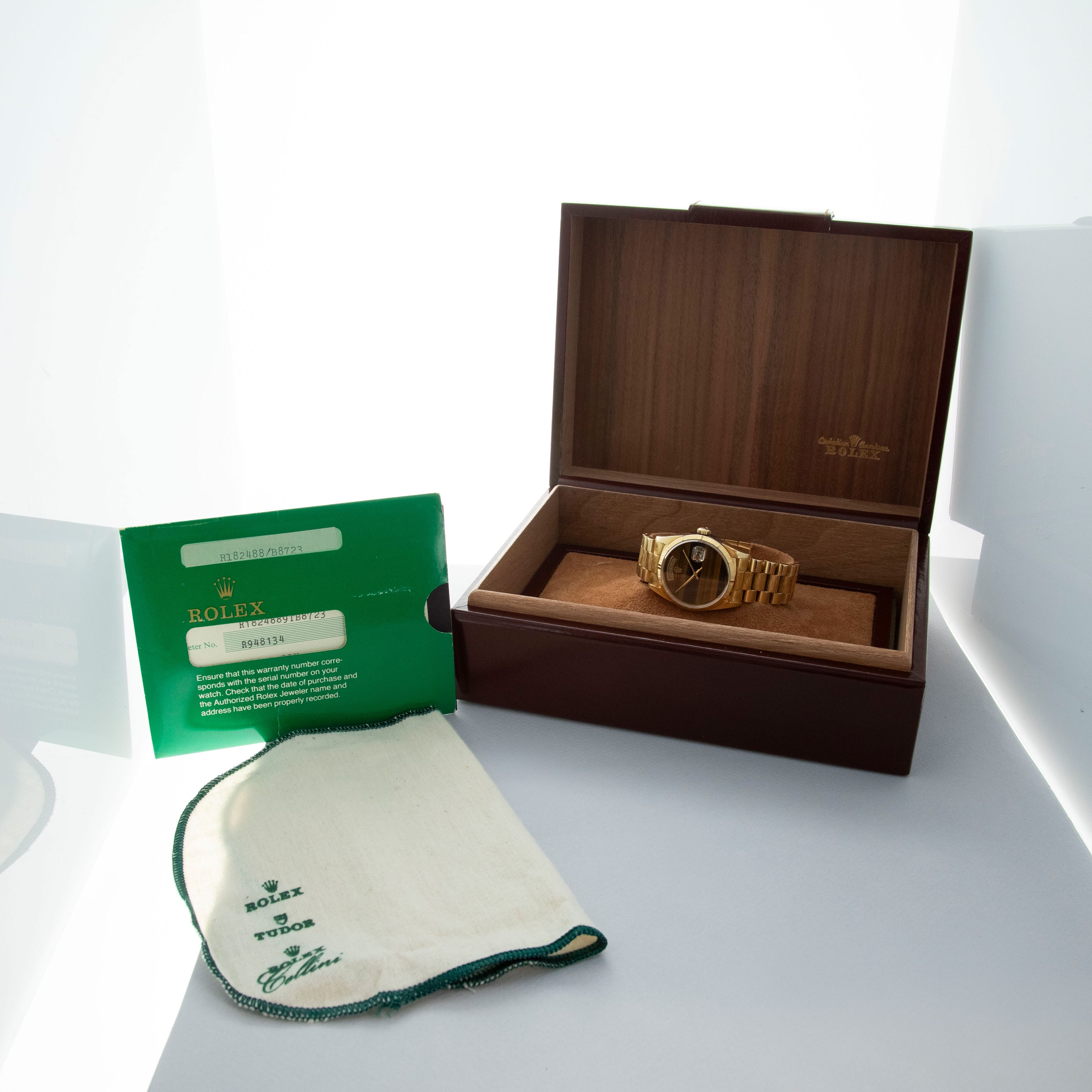 Rolex Day-Date 18248 Bark Finish Tiger's Eye Dial 18K YG Box and