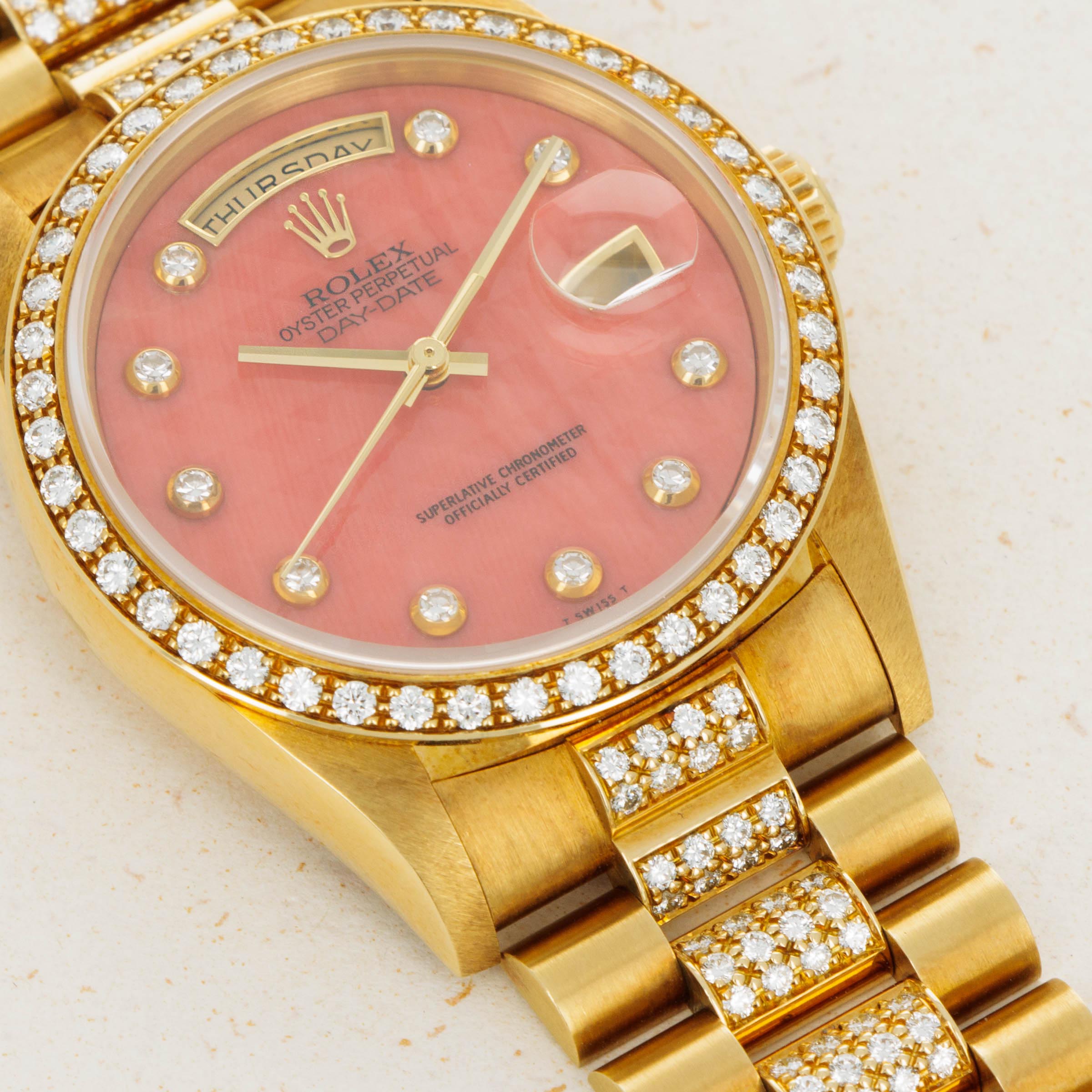 Rolex Day Date 18348 Crown Collection Coral Serti Dial Diamond