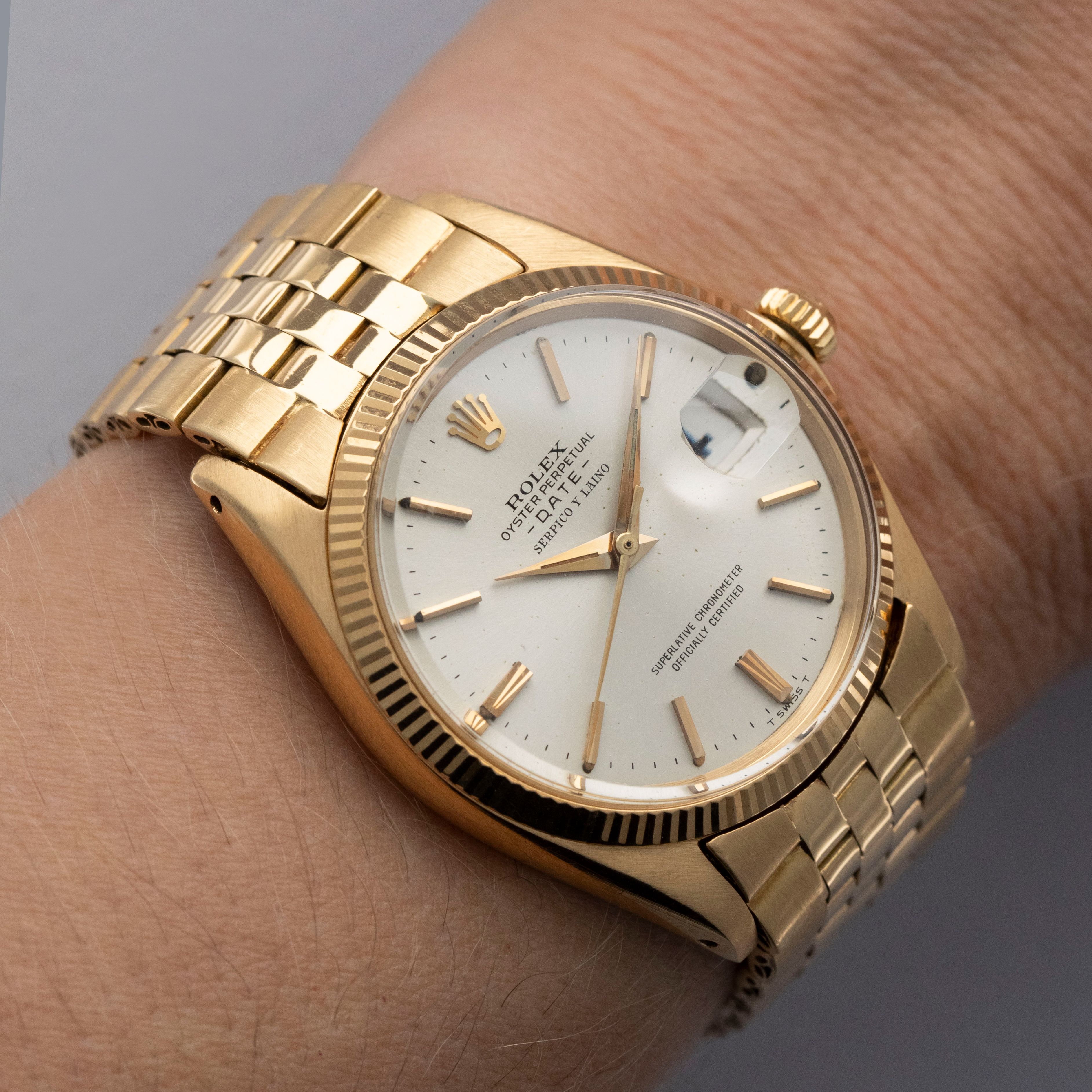Rolex Oyster Perpetual Date 1503 18k YG D'Agosto Bracelet Retailed