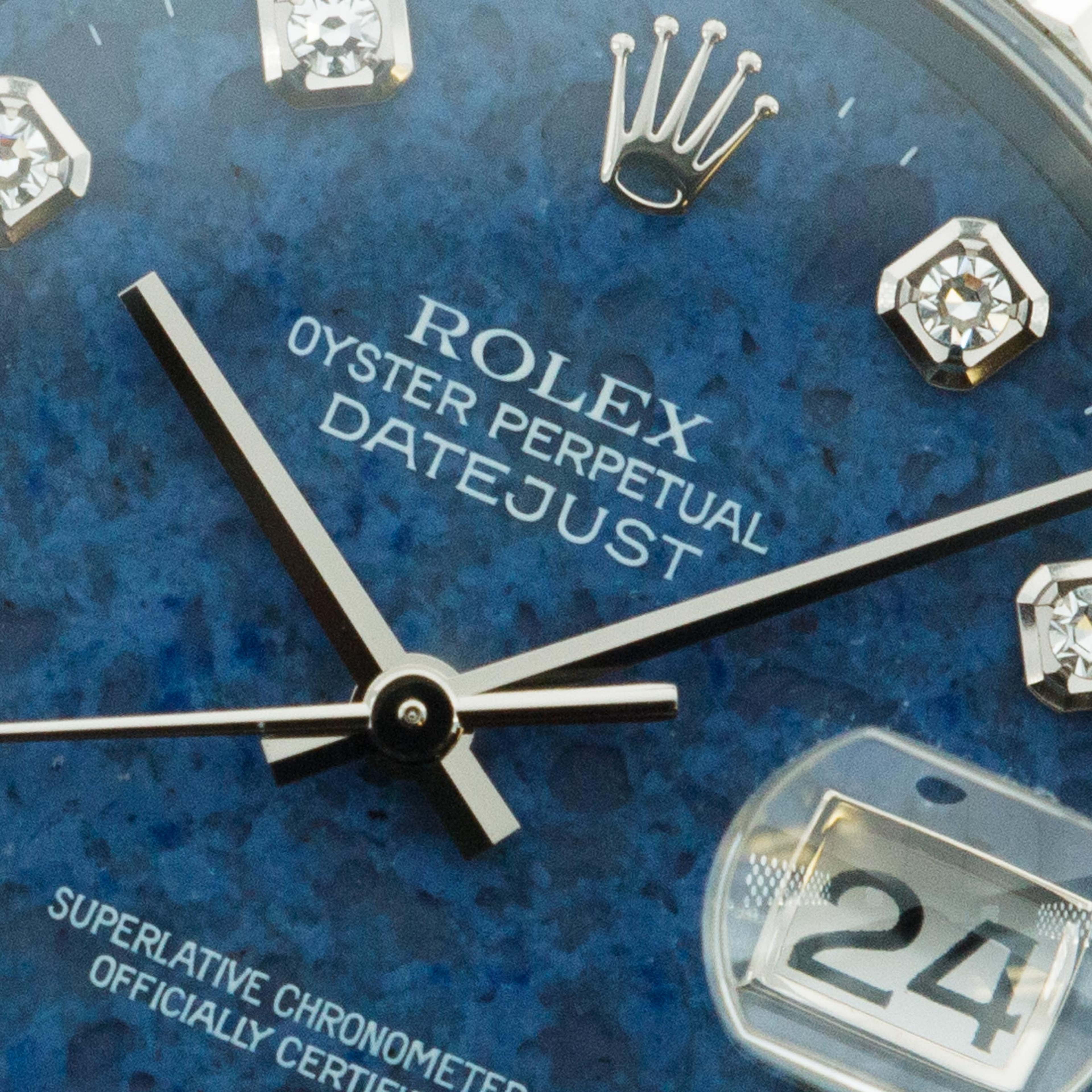 The Dial Incredibly rare and collectable on account of its blue Sodalite dial, this Datejust ref. 16234 features diamond hour markers and various tones of blue within its stone dial which create a unique aesthetic that regular production Datejust models cannot emulate.