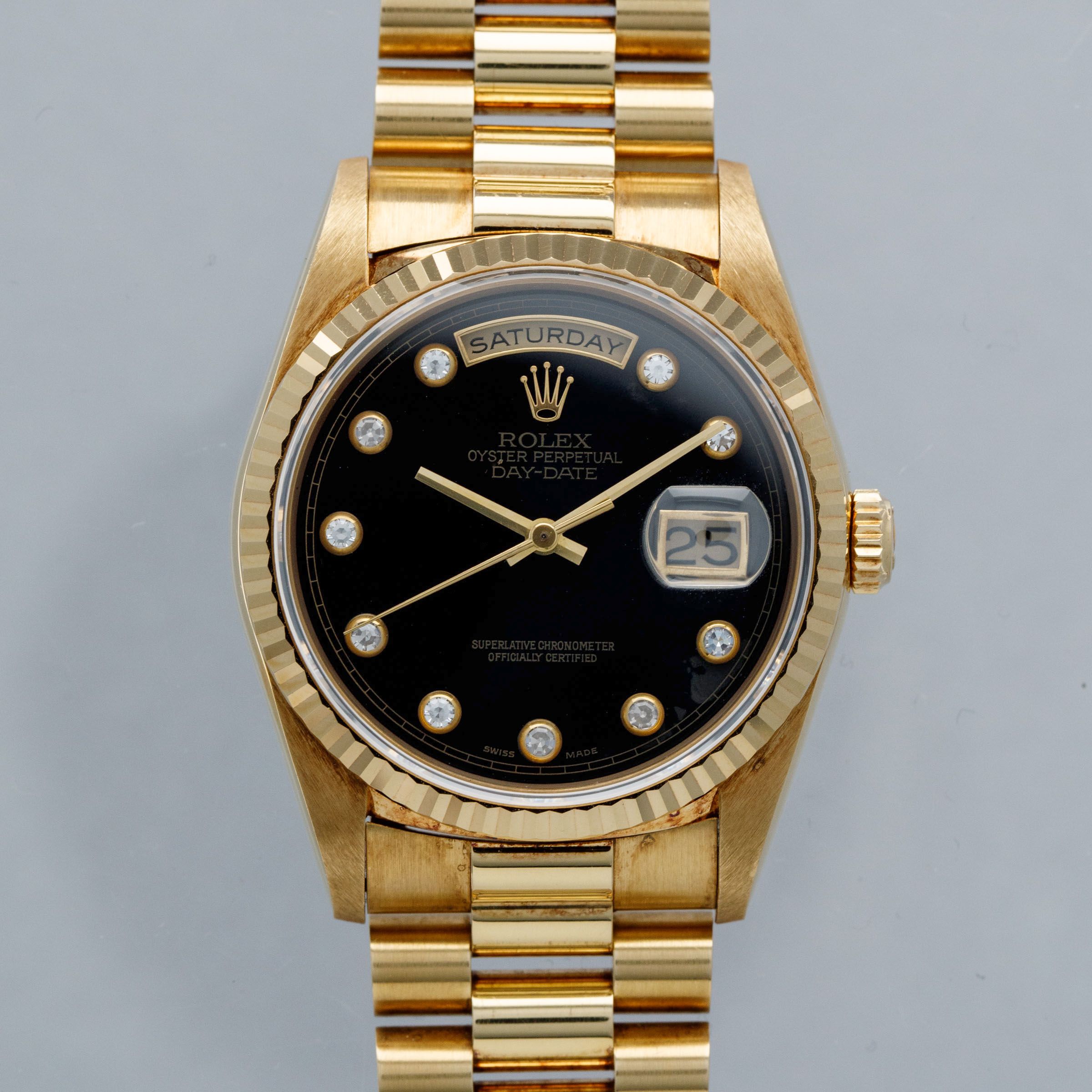 Rolex Day-Date 18238 Onyx Pinball Diamond Dial 18k YG | Auctions