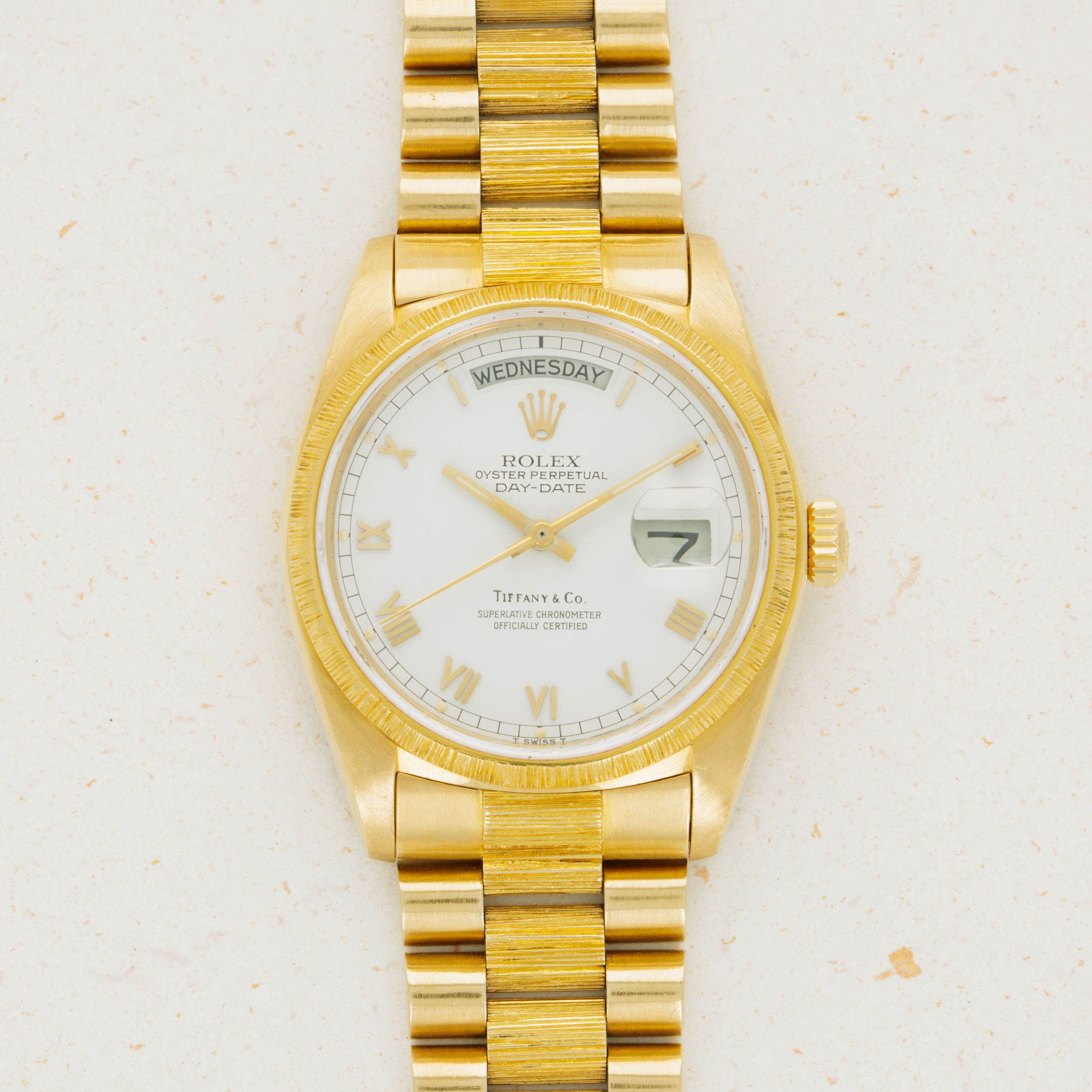 Rolex Day Date 18078 Bark Finish Yellow Gold Retailed by Tiffany