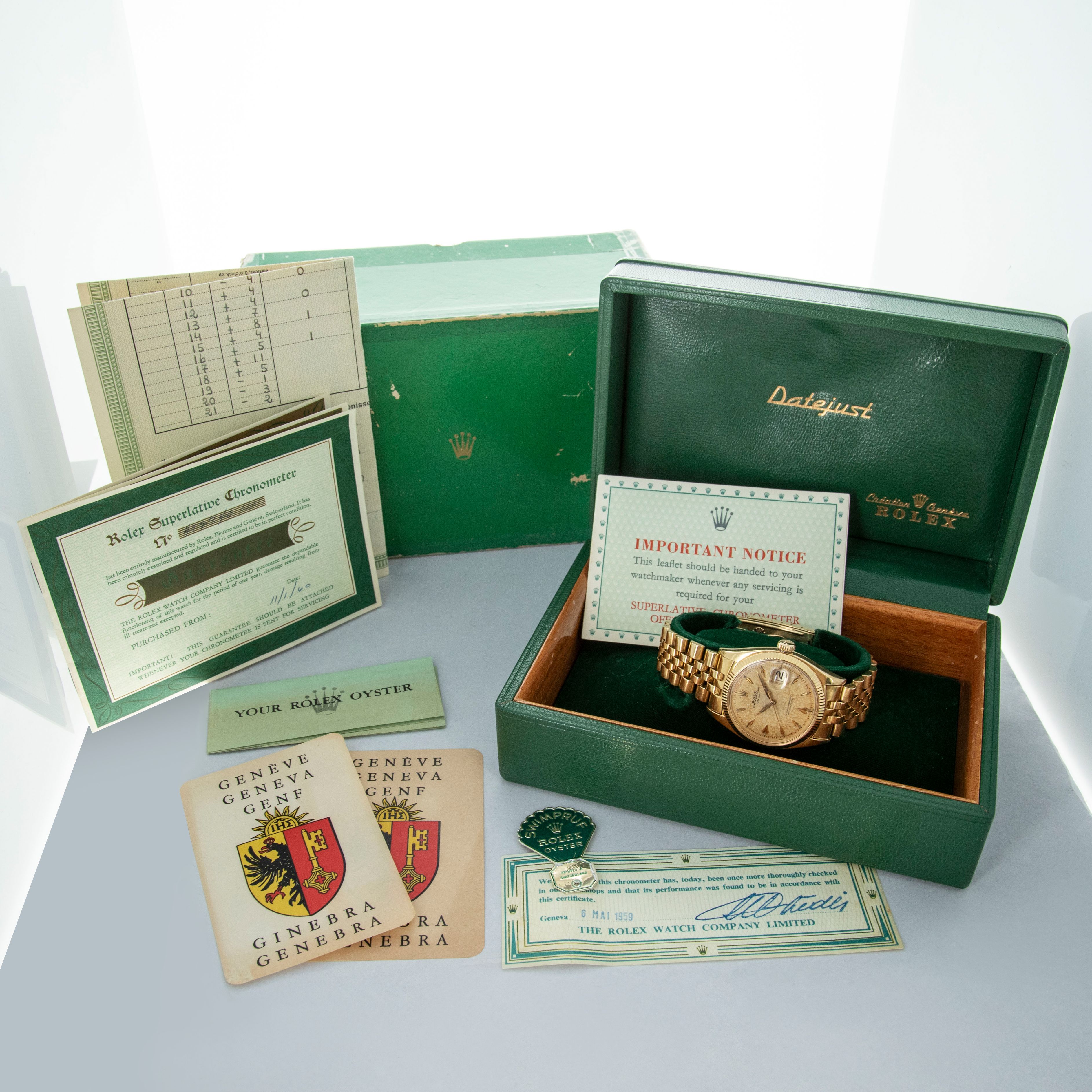 Rolex Datejust 6605 Ovettone 18k YG Full Box and Papers Set