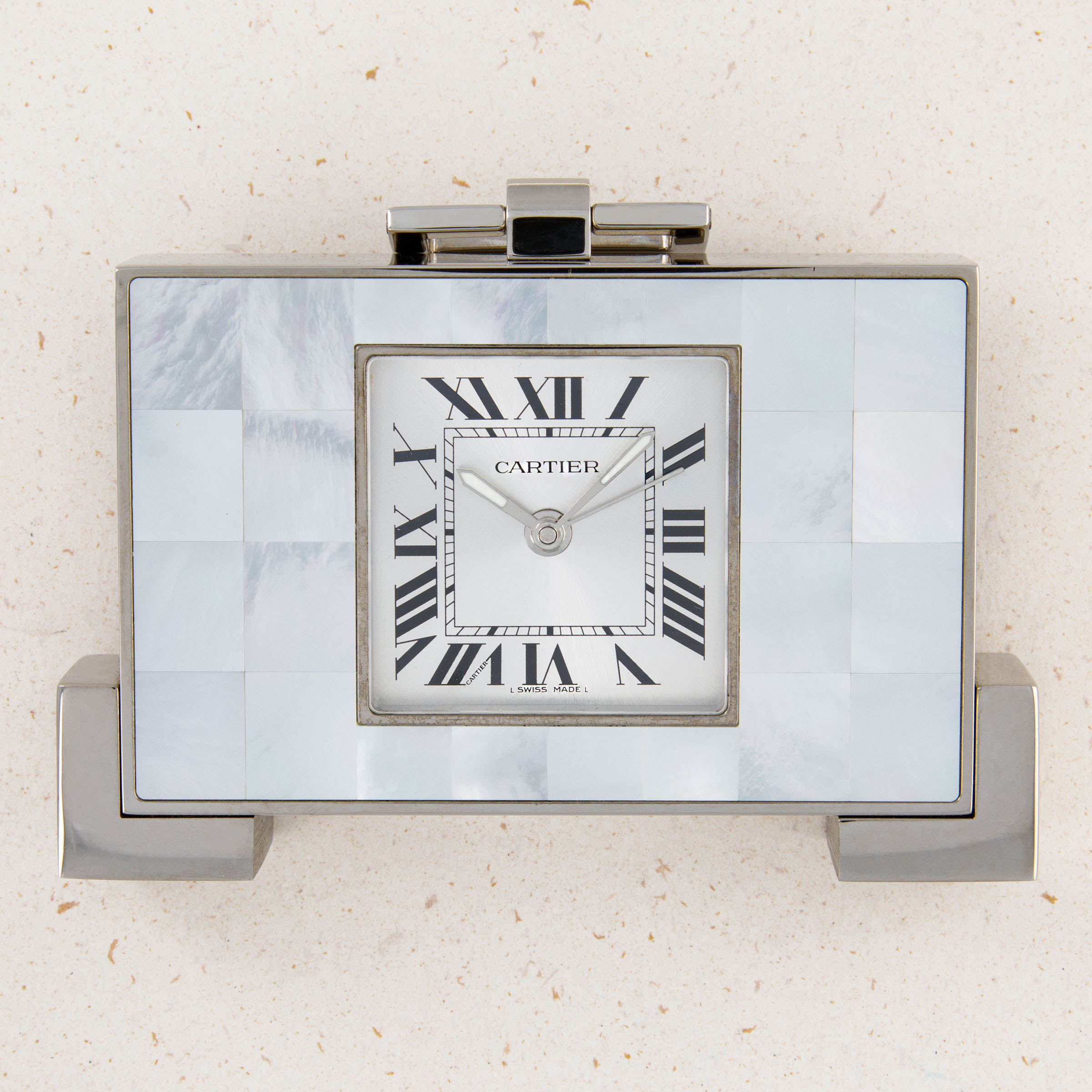 Cartier Desk Alarm Clock 2749 Mother of Pearl Stainless Steel