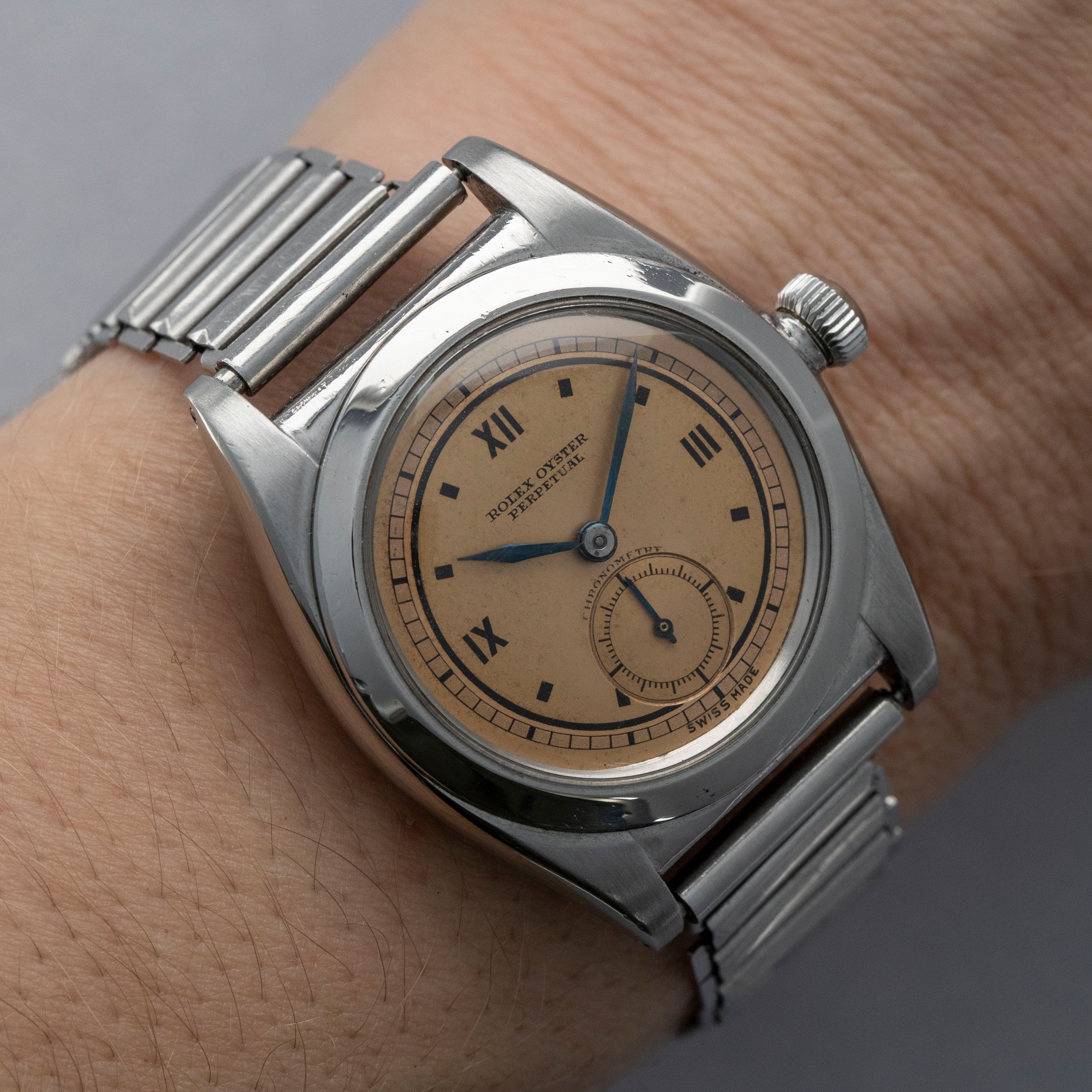 Rolex Bubbleback 2764 Salmon Roman Dial Bamboo Bracelet Stainless