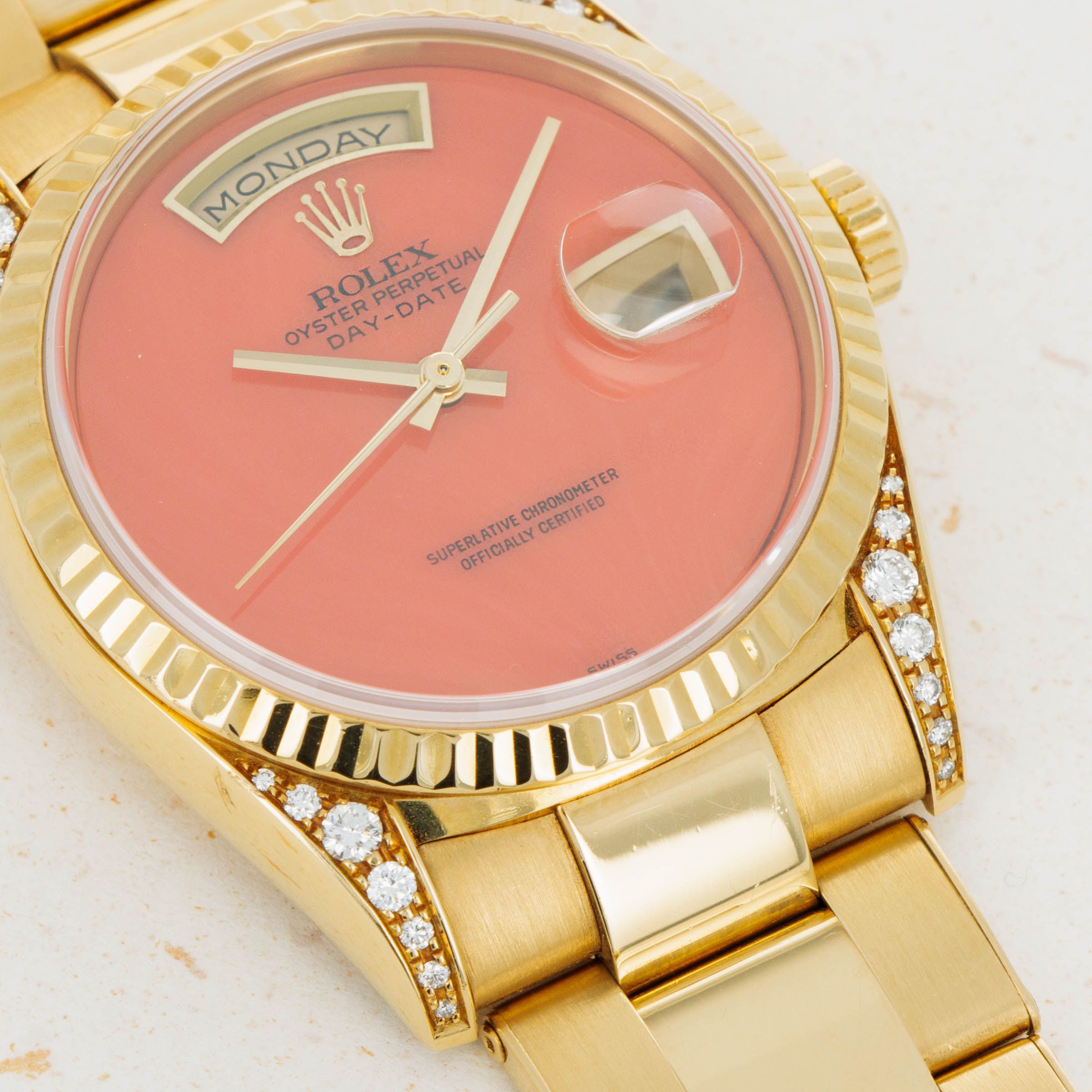 Rolex Day Date Coral Dial Diamond Lugs 18338 with Guarantee