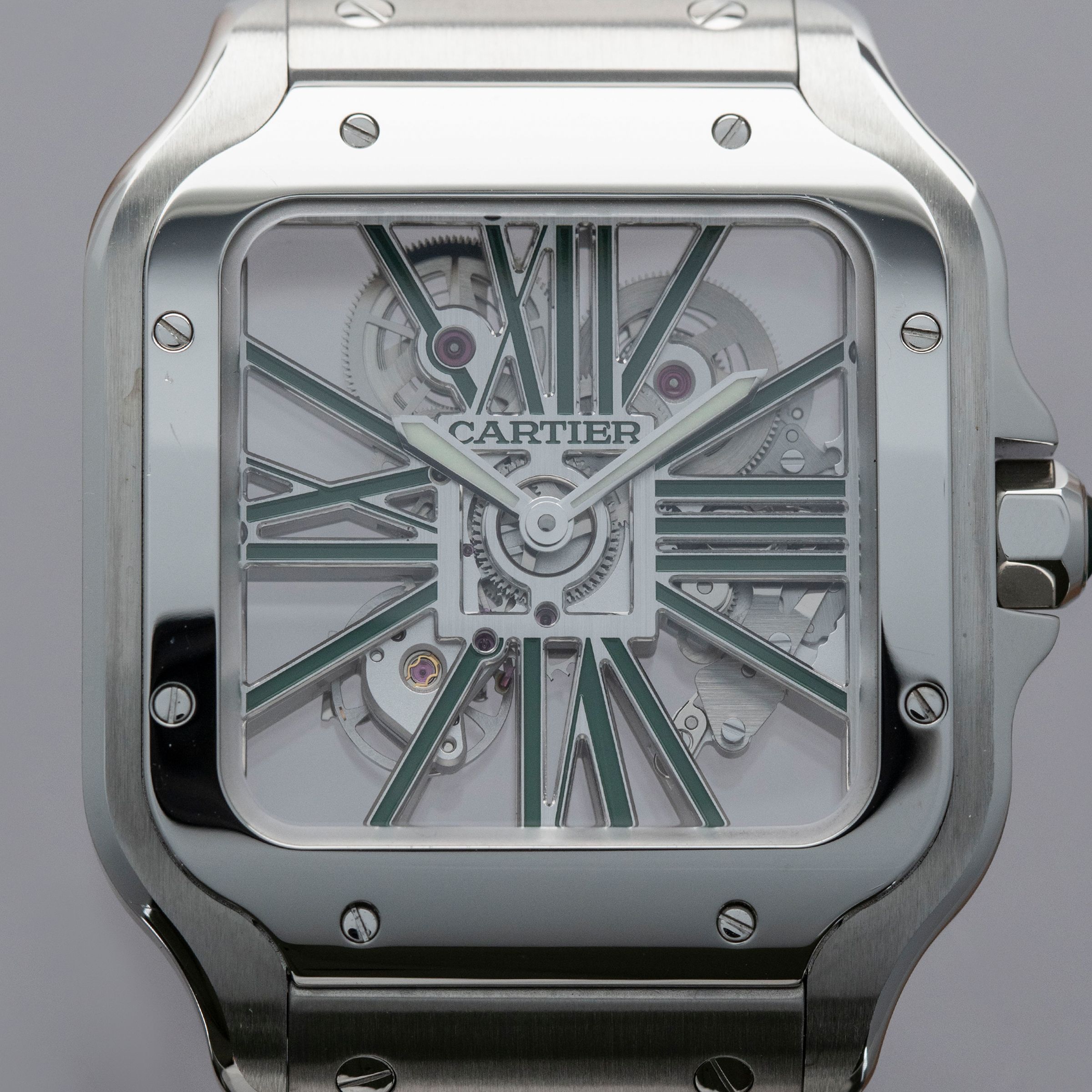 Cartier Santos de Cartier Skeleton WHSA0028 Green Lacquer Indexes