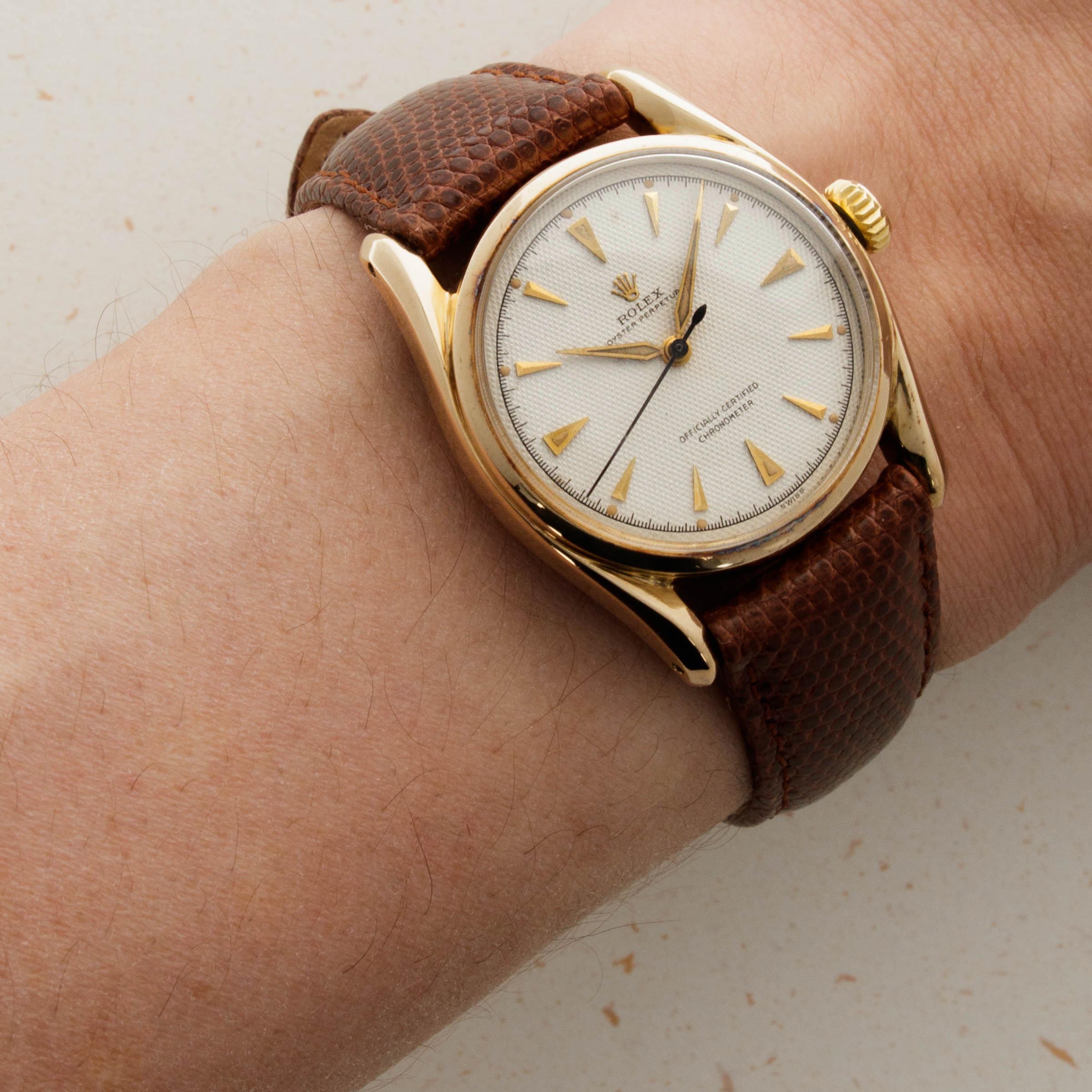 Rolex Oyster Perpetual 6018 Bombé Case Honeycomb Dial | Auctions