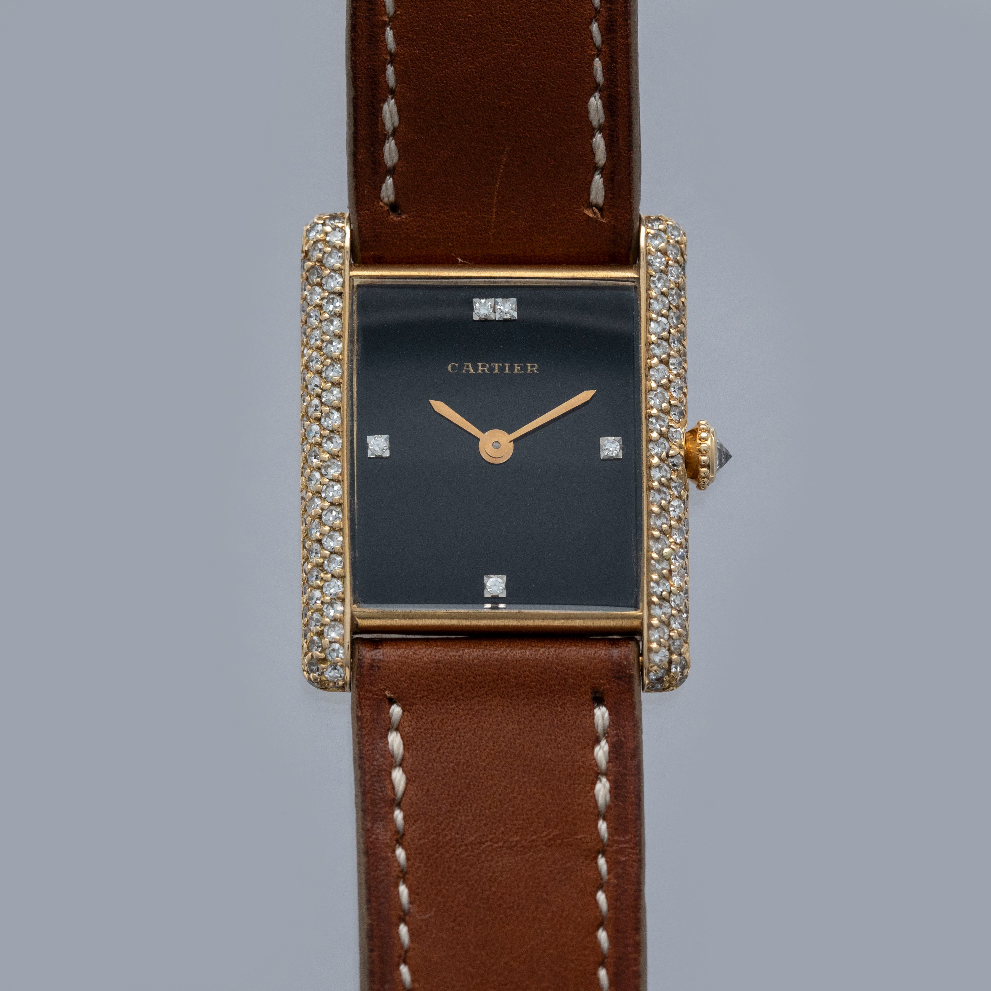 Cartier Paris Tank LC 96036 Onyx Diamond Dial Pave Diamond Case