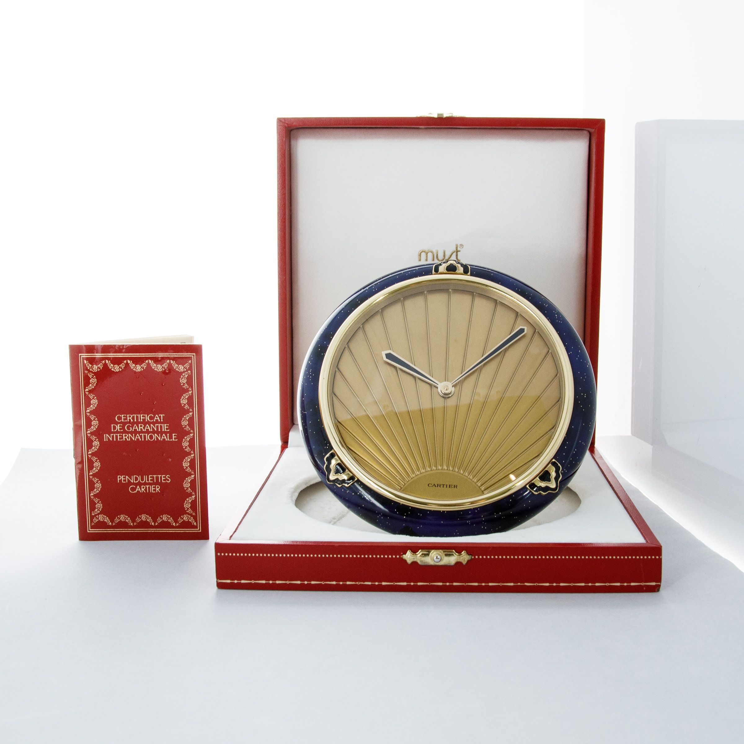 CARTIER MUST DE CARTIER GILT AND BLUE LACQUER DESK CLOCK