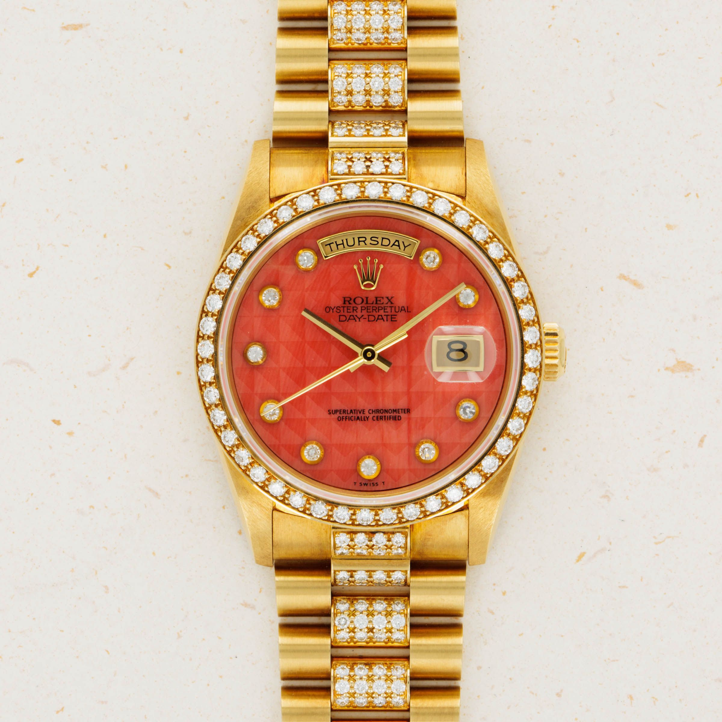 Rolex Day Date 18348 Crown Collection Coral Serti Dial Diamond