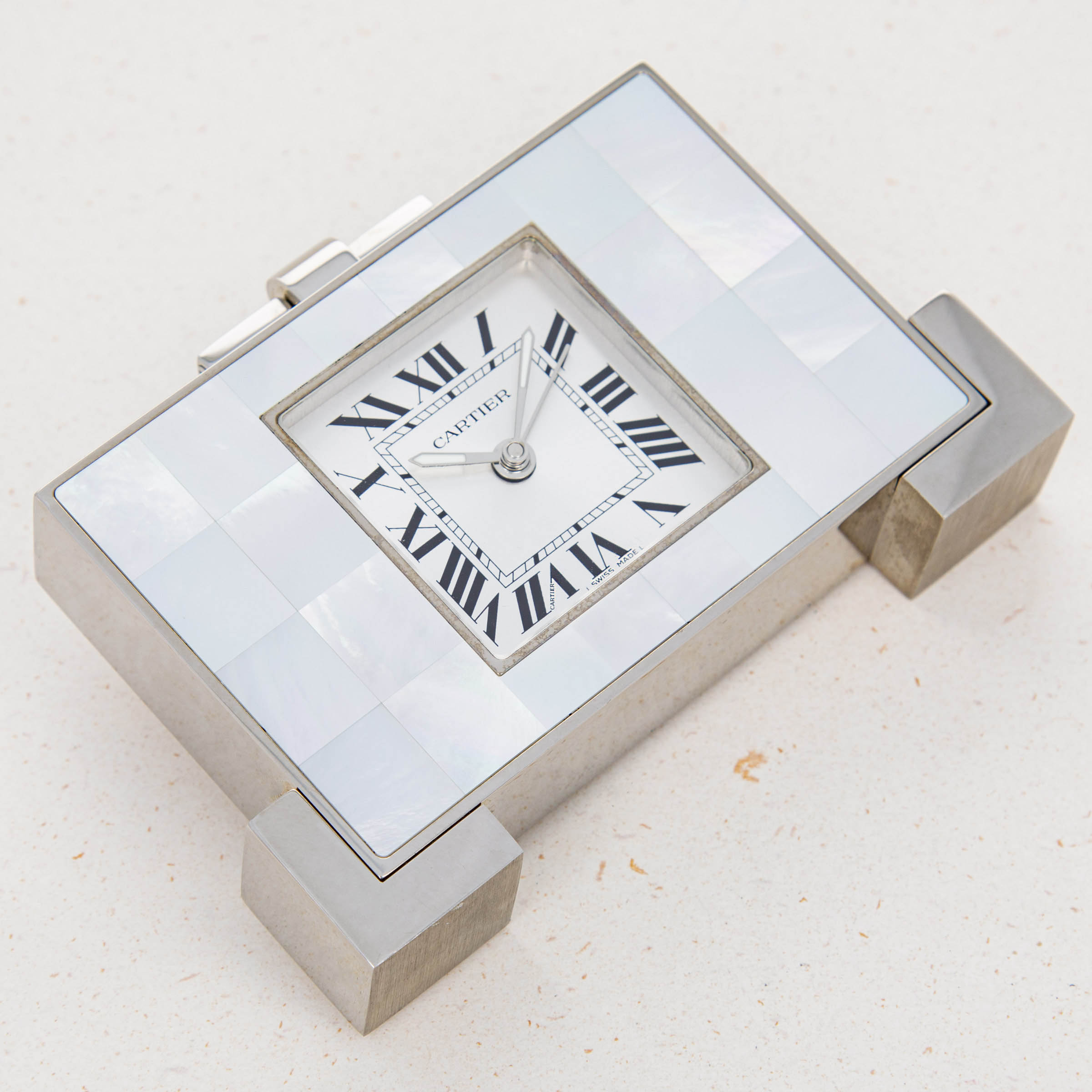 Cartier Desk Alarm Clock 2749 Mother of Pearl Stainless Steel