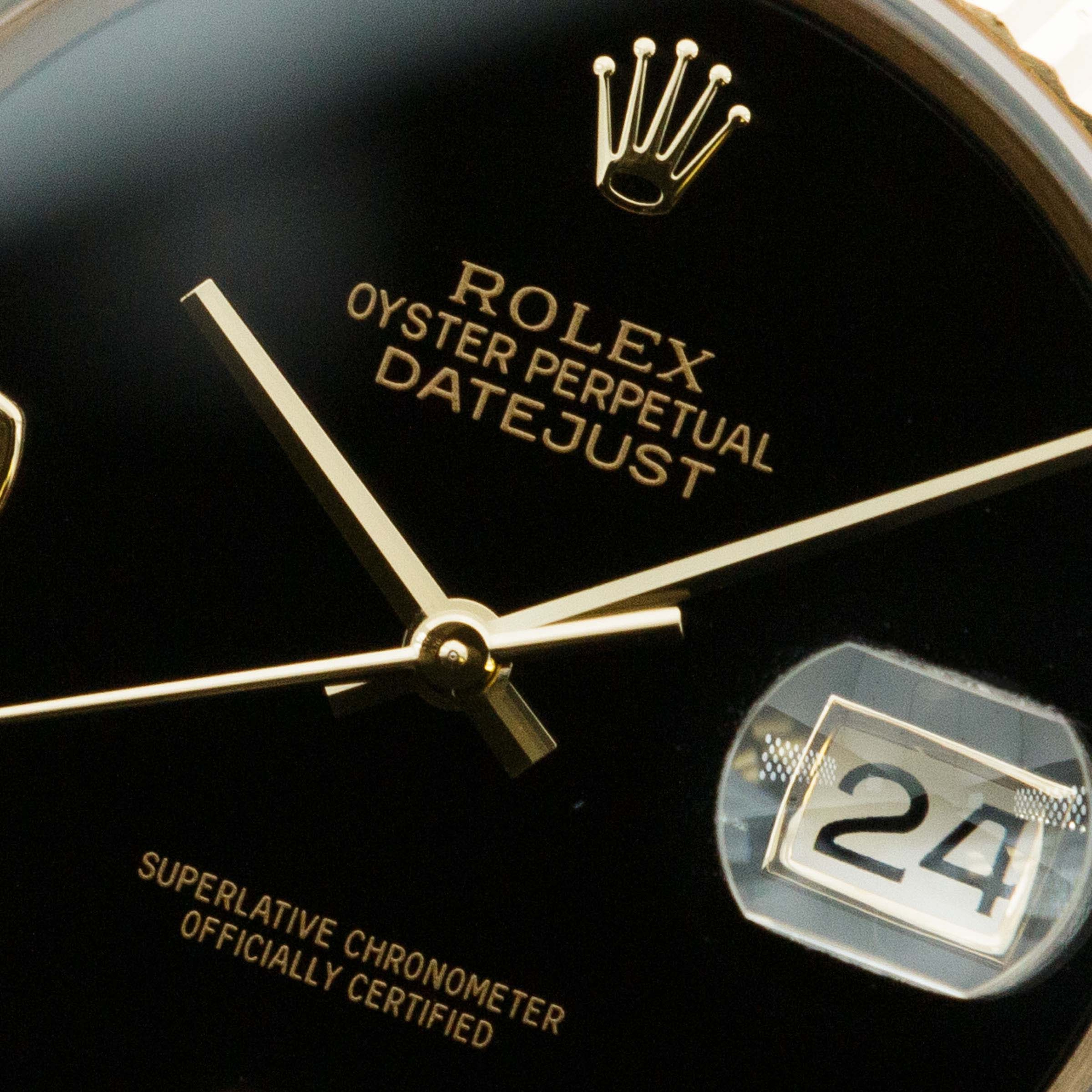 Onyx dial A minimalist and monochromatic touch of exclusivity, Onyx is a rare natural stone that very few select Rolex models are ever offered with. Lacking lume and indices, this ref. 16238's onyx dial features diamond hour markers to balance out its cyclops lens at 3 o'clock and its Rolex coronet at 12 o'clock.