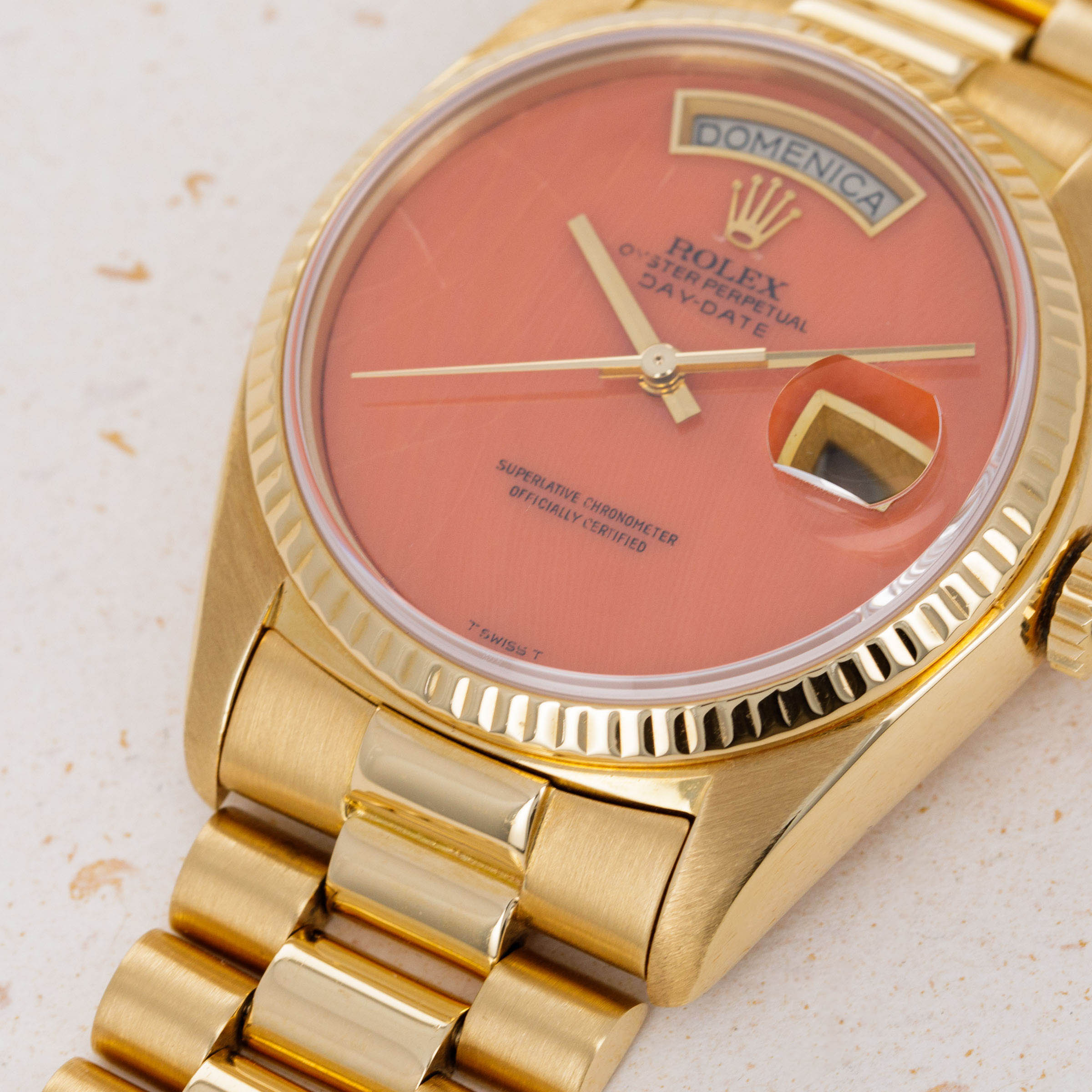 Rolex Day-Date 18038 Coral Dial 18k YG | Auctions | Loupe This