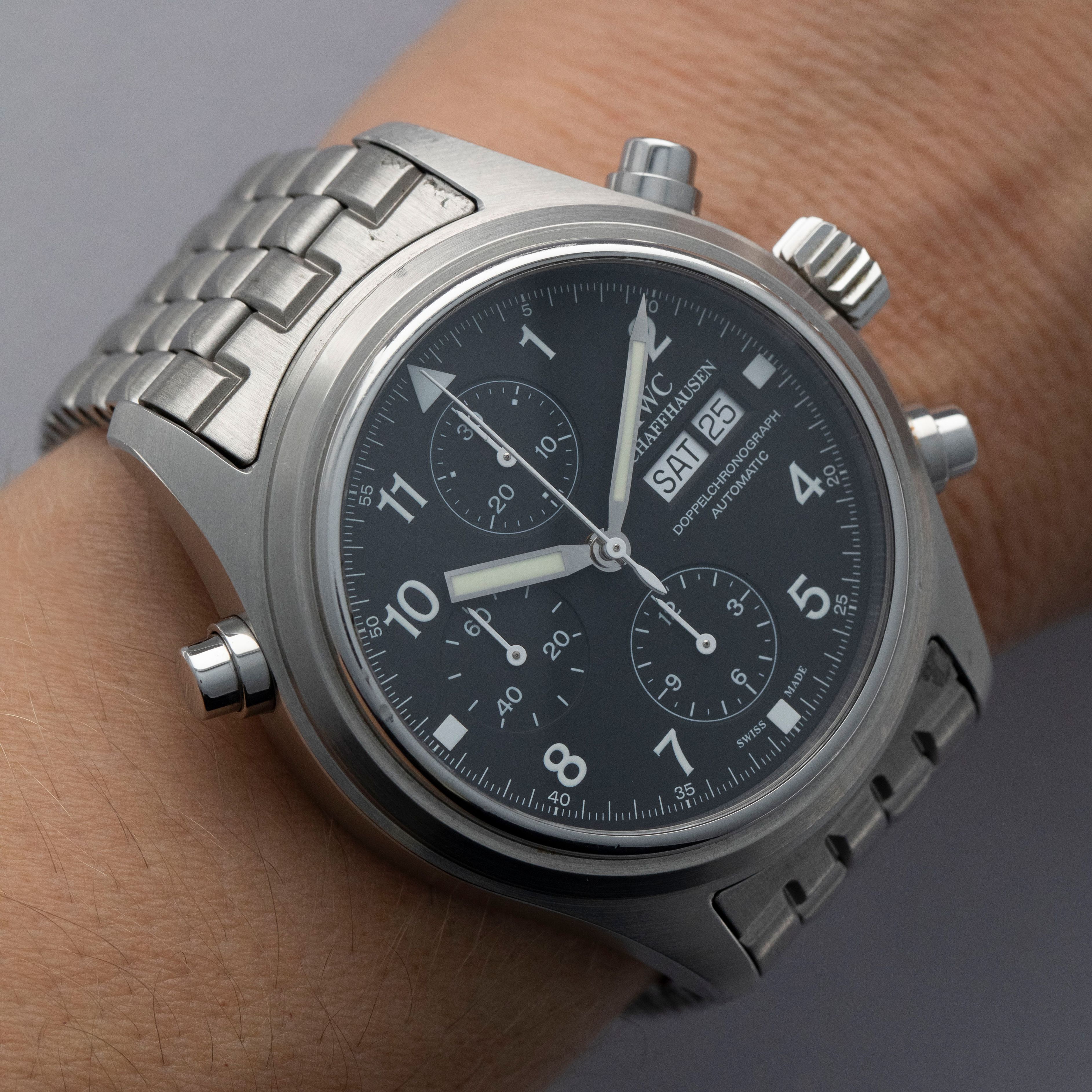 【ジャンク】IWC 自動巻き クロノグラフ シルバー IWC Pilot's Watch Doppelchronograph IW3713-03 Stainless Steel