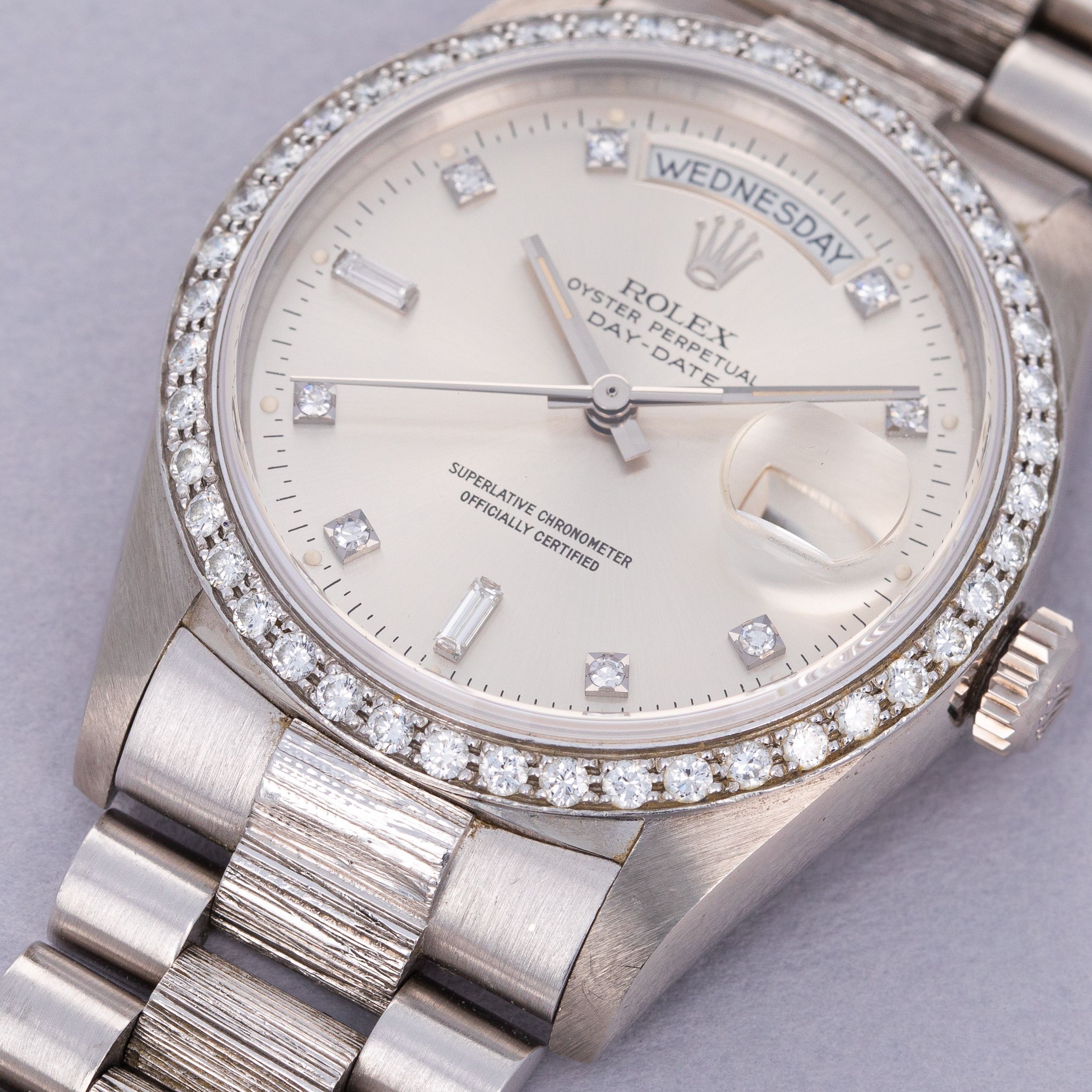 Rolex Day-Date 18049 Diamond Dial and Bezel Bark Bracelet 18k WG