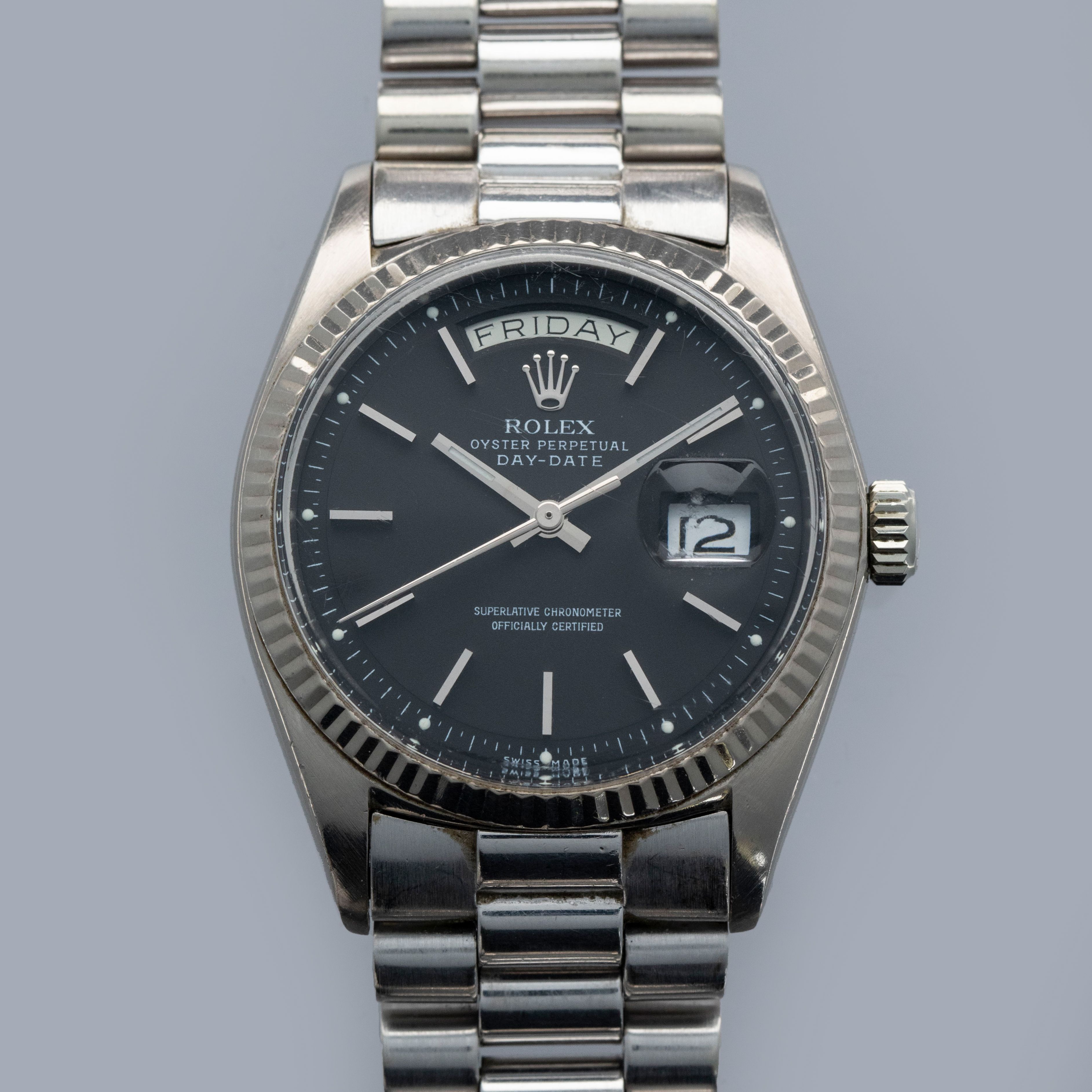 Rolex Day-Date 1803 Black Luminova Dial 18k WG | Auctions | Loupe This