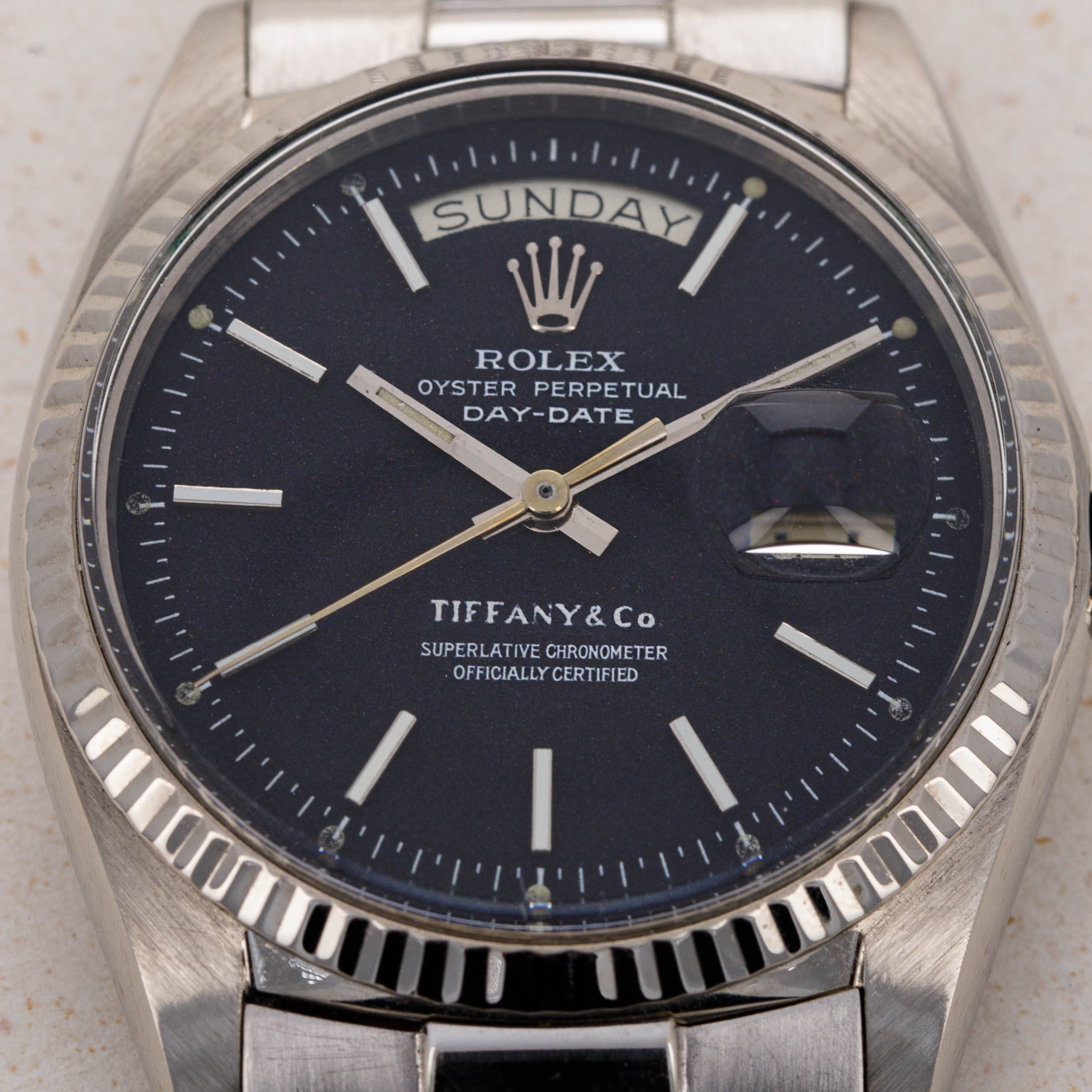 Rolex Day Date 1803 Black Confetti Dial 18k White Gold Retailed by