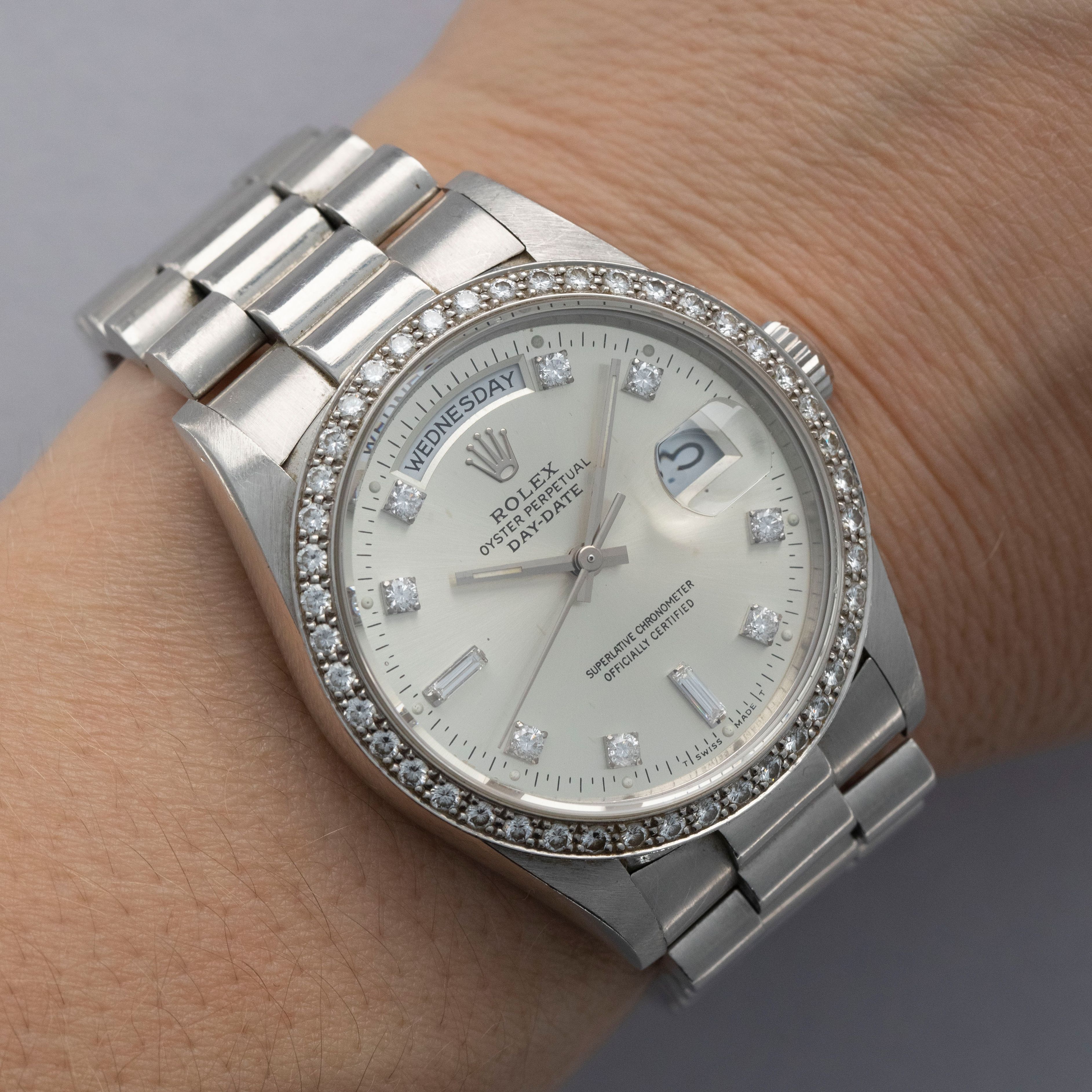 Rolex Day-Date 18346 Silver Diamond Dial and Bezel Platinum