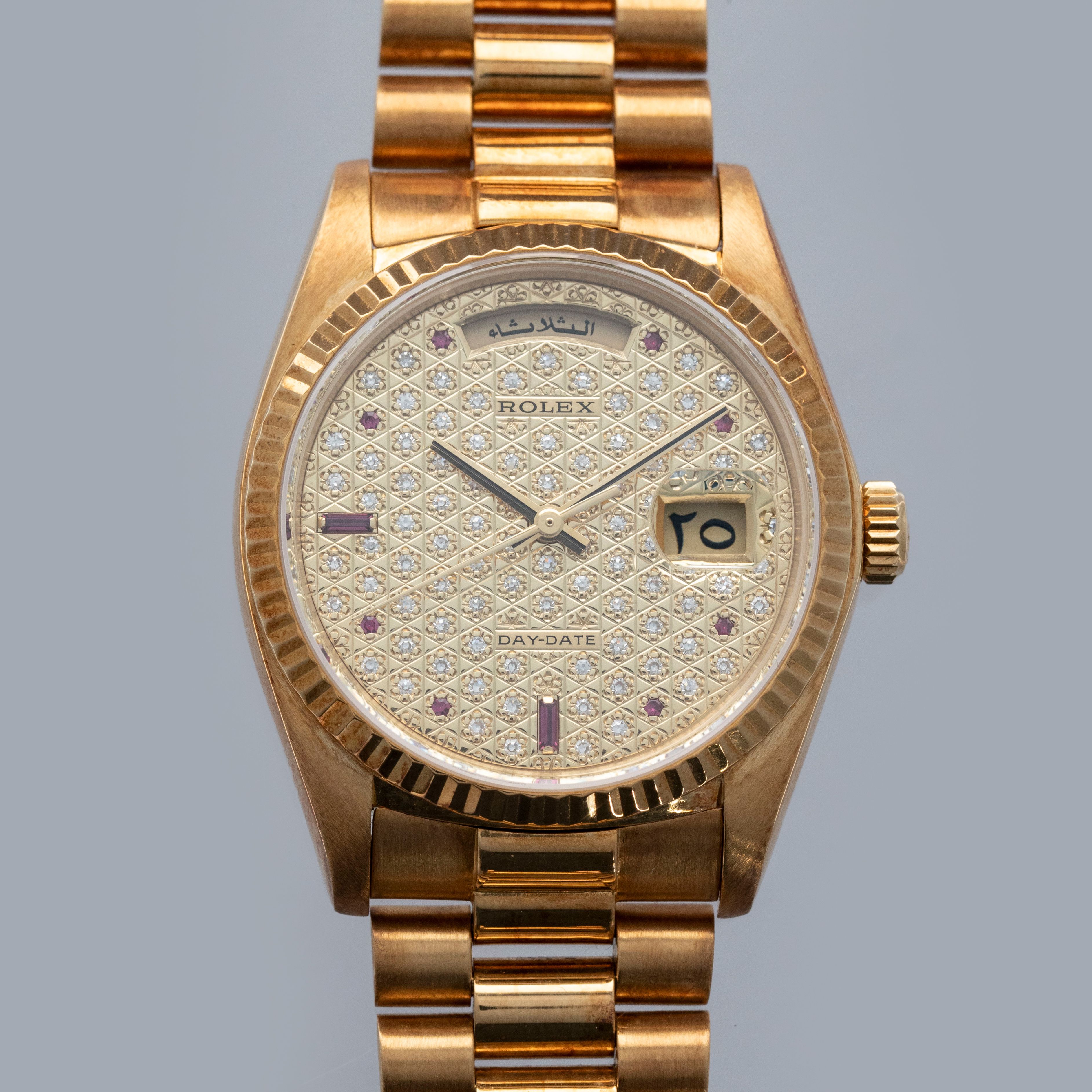 Ruby Day！ Rolex Day-Date 18038 Engraved Diamond Dial Ruby Indexes Arabic