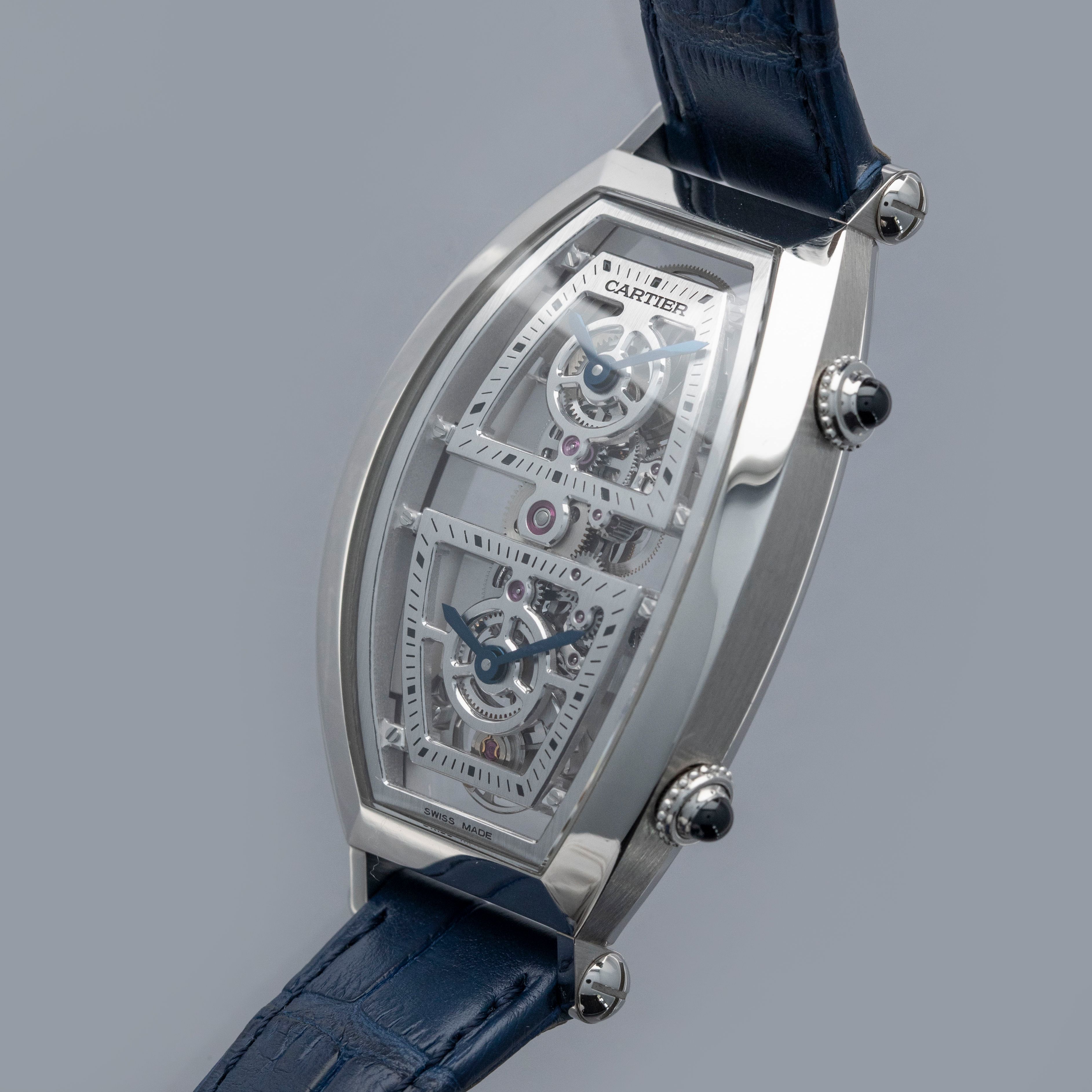 Cartier Prive Tonneau Skeleton XL Dual Time WHTN0006 Platinum