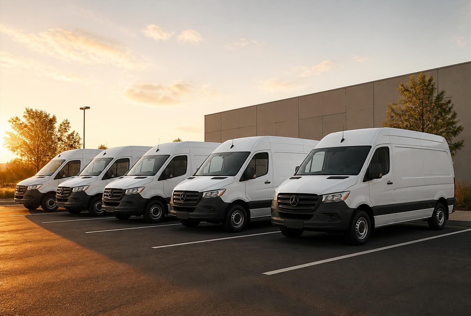 Row of white work vans parked outside a business