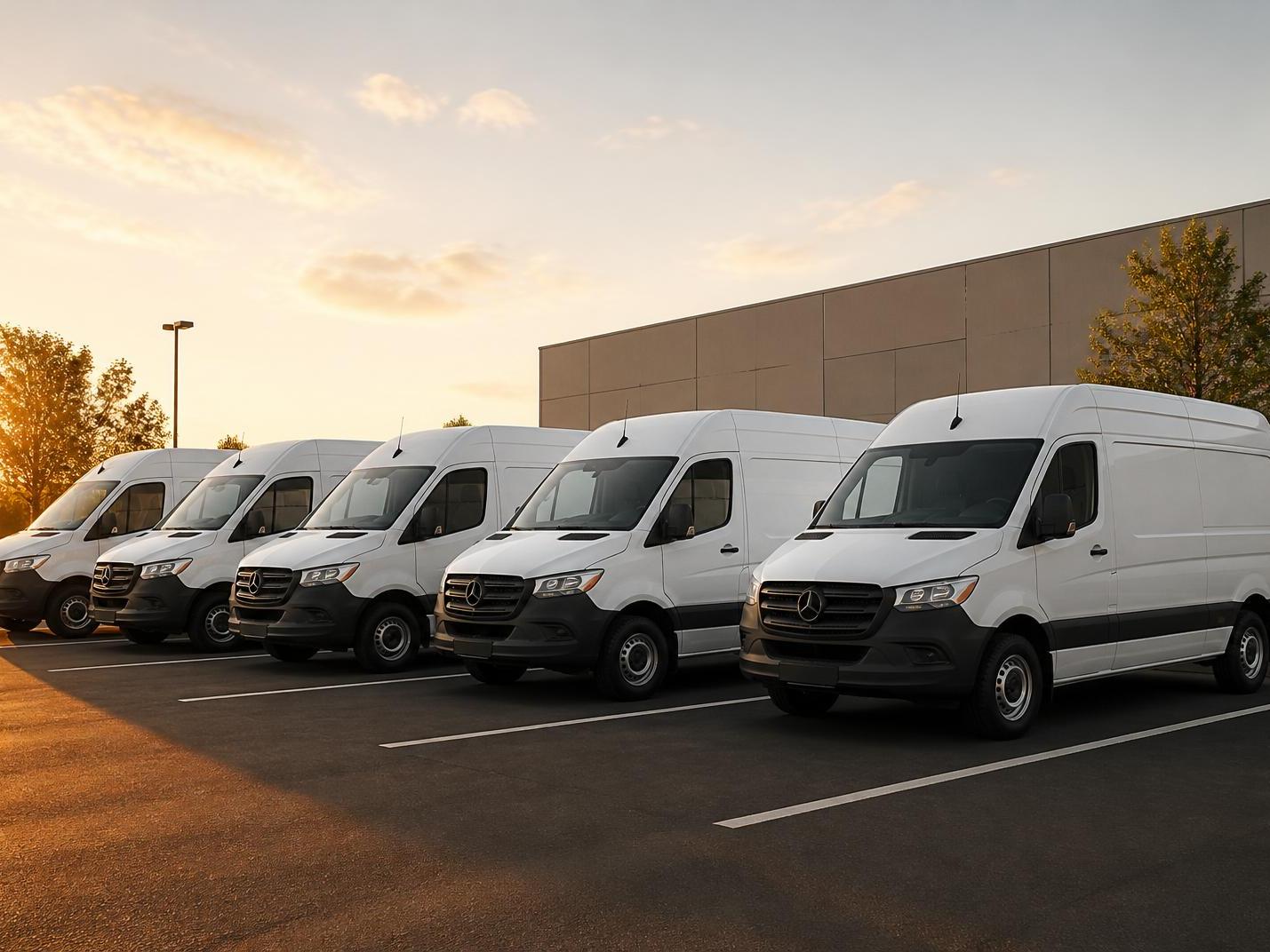 Row of white work vans parked outside a business