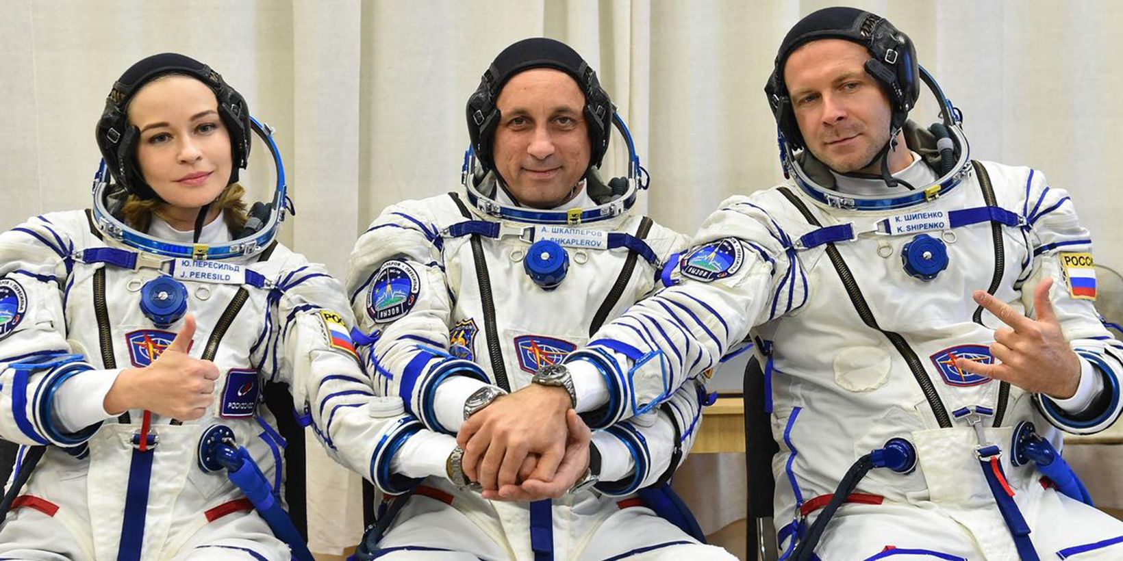 Yulia Peresild, kosmonaut Anton Shkaplerov og regissør Klim Shipenko, The Challenge