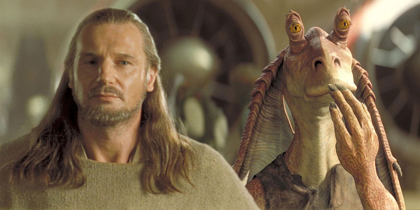 Liam Neeson og Jar Jar Binks i Star Wars: The Phantom Menace