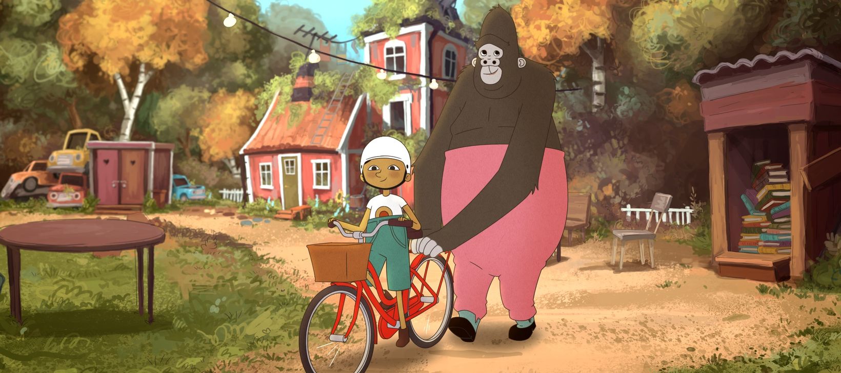 a cartoon of a person riding a bicycle next to a house