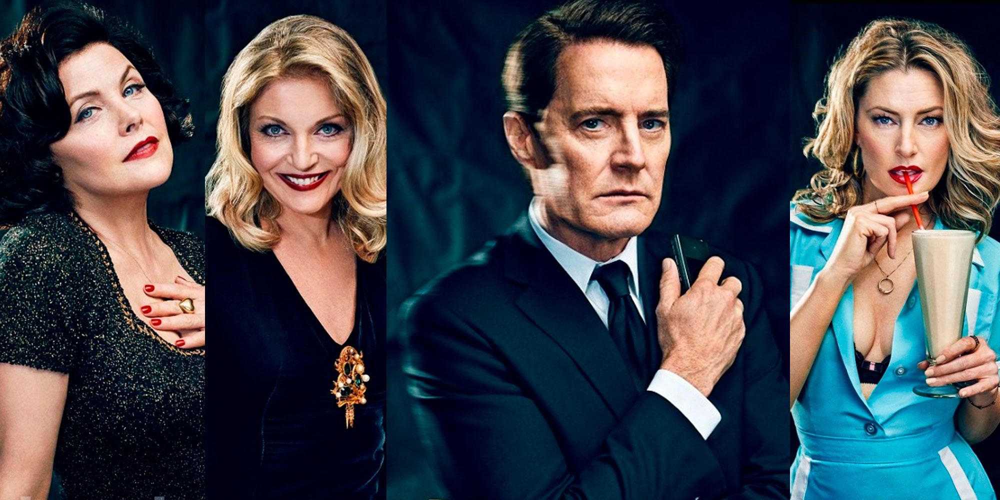 Sherilyn Fenn, Sheryl Lee, Kyle MacLachlan og Mädchen Amick i promobilder for Twin Peaks - sesong 3