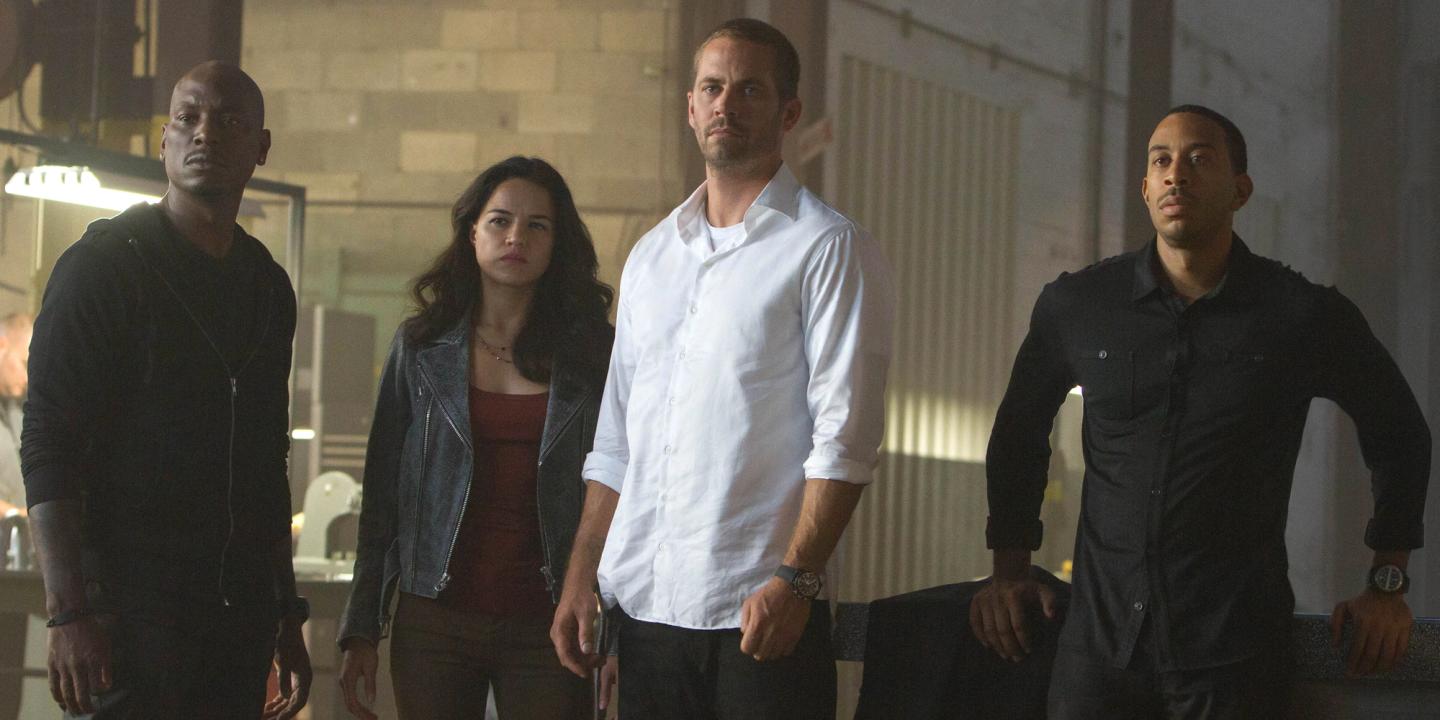 Tyrese Gibson, Michelle Rodriguez, Paul Walker og Ludacris i Fast & Furious 7
