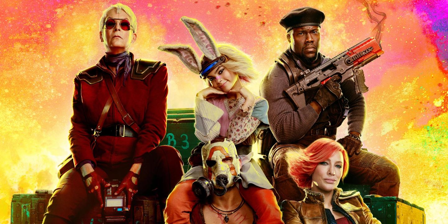 Utklipp fra plakaten til Borderlands (film, 2023) med Jamie Lee Curtis, Ariana Greenblatt, Kevin Hart og Cate Blanchett