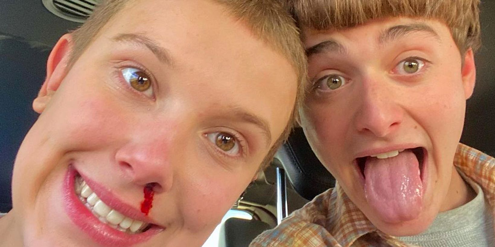 Millie Bobby Brown og Noah Schnapp i Stranger Things, behind the scenes