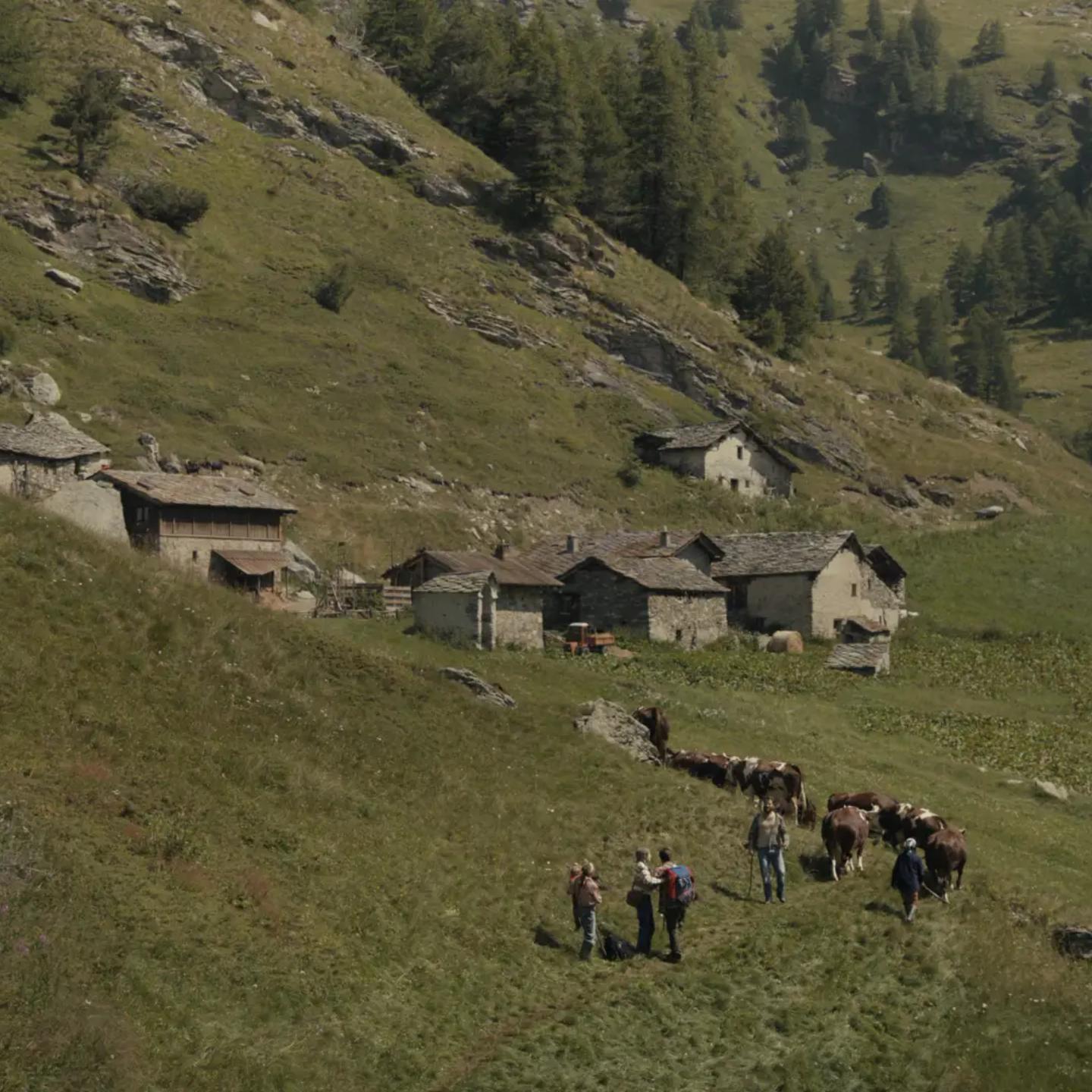 a group of people walking on a hill with a house on it