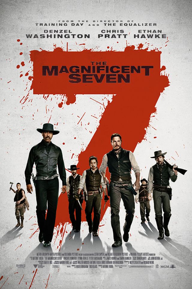Vincent D'Onofrio, Martin Sensmeier, Manuel Garcia-Rulfo, Ethan Hawke, Denzel Washington, Chris Pratt og Byung-hun Lee i The Magnificent Seven