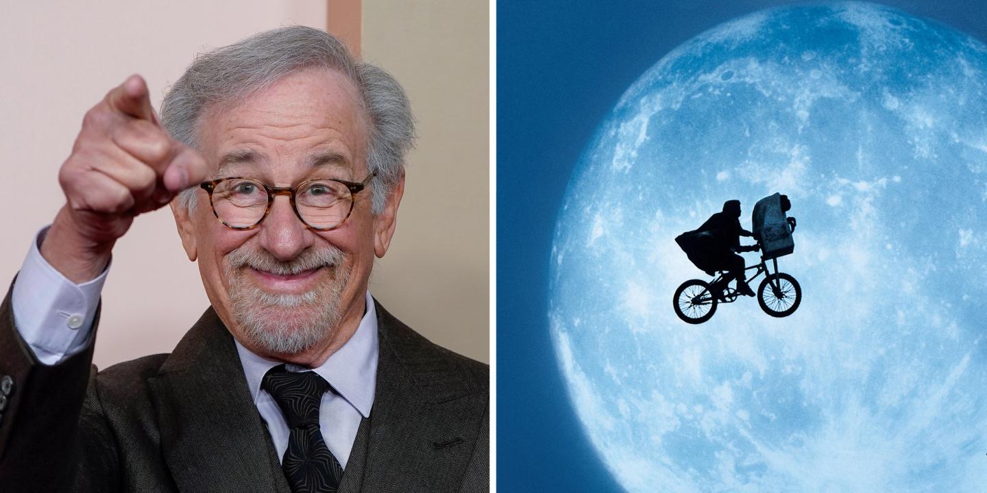 To sidestilte bilder av regissør Steven Spielberg og et utdrag fra plakaten fil filmen E.T.