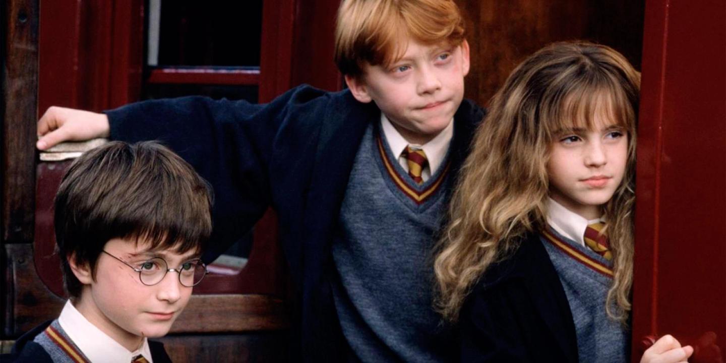 Daniel Radcliffe, Rupert Grint og Emma Watson i Harry Potter og de vises stein