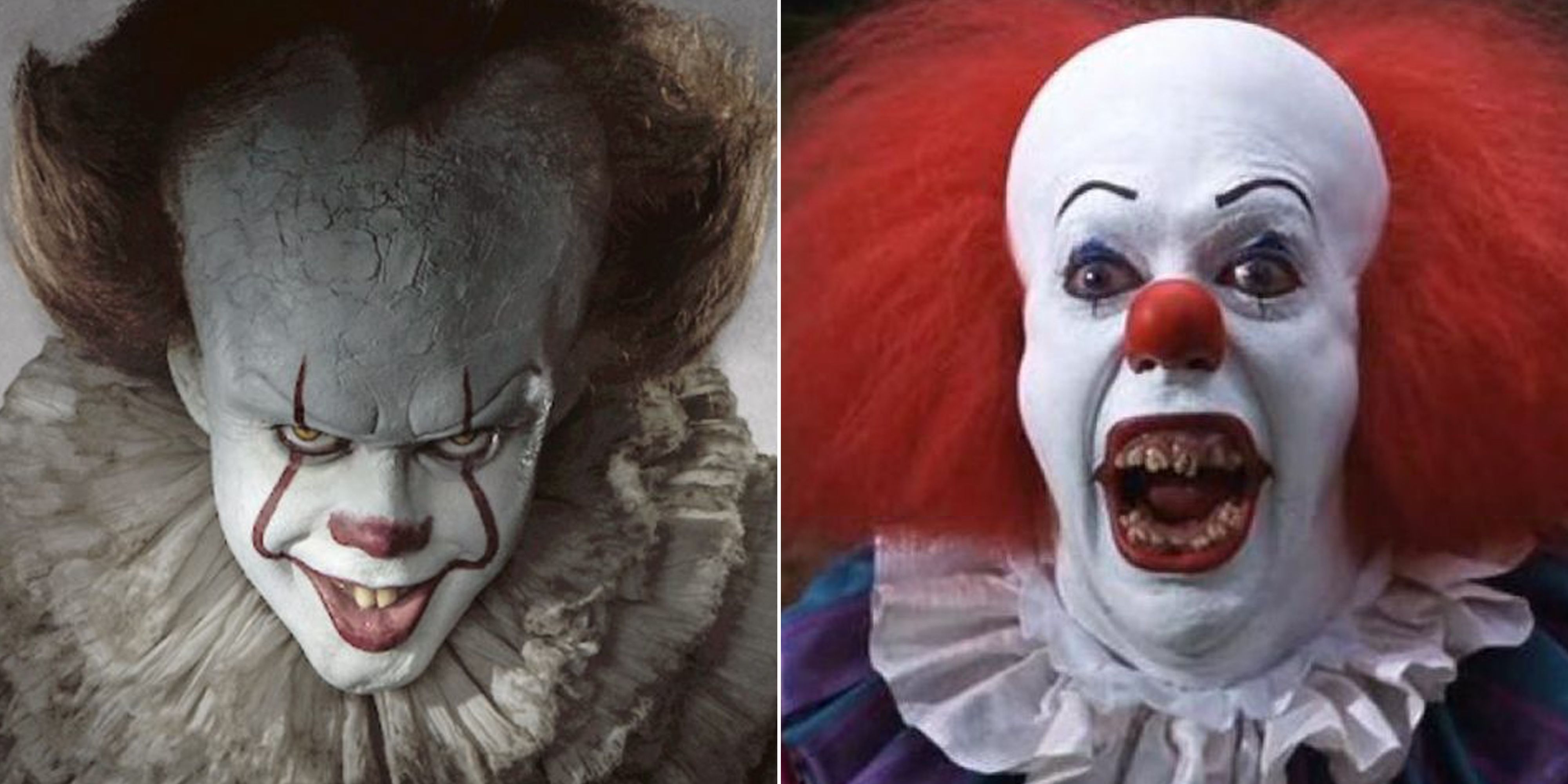 Bill Skarsgård og Tim Curry som Pennywise i IT