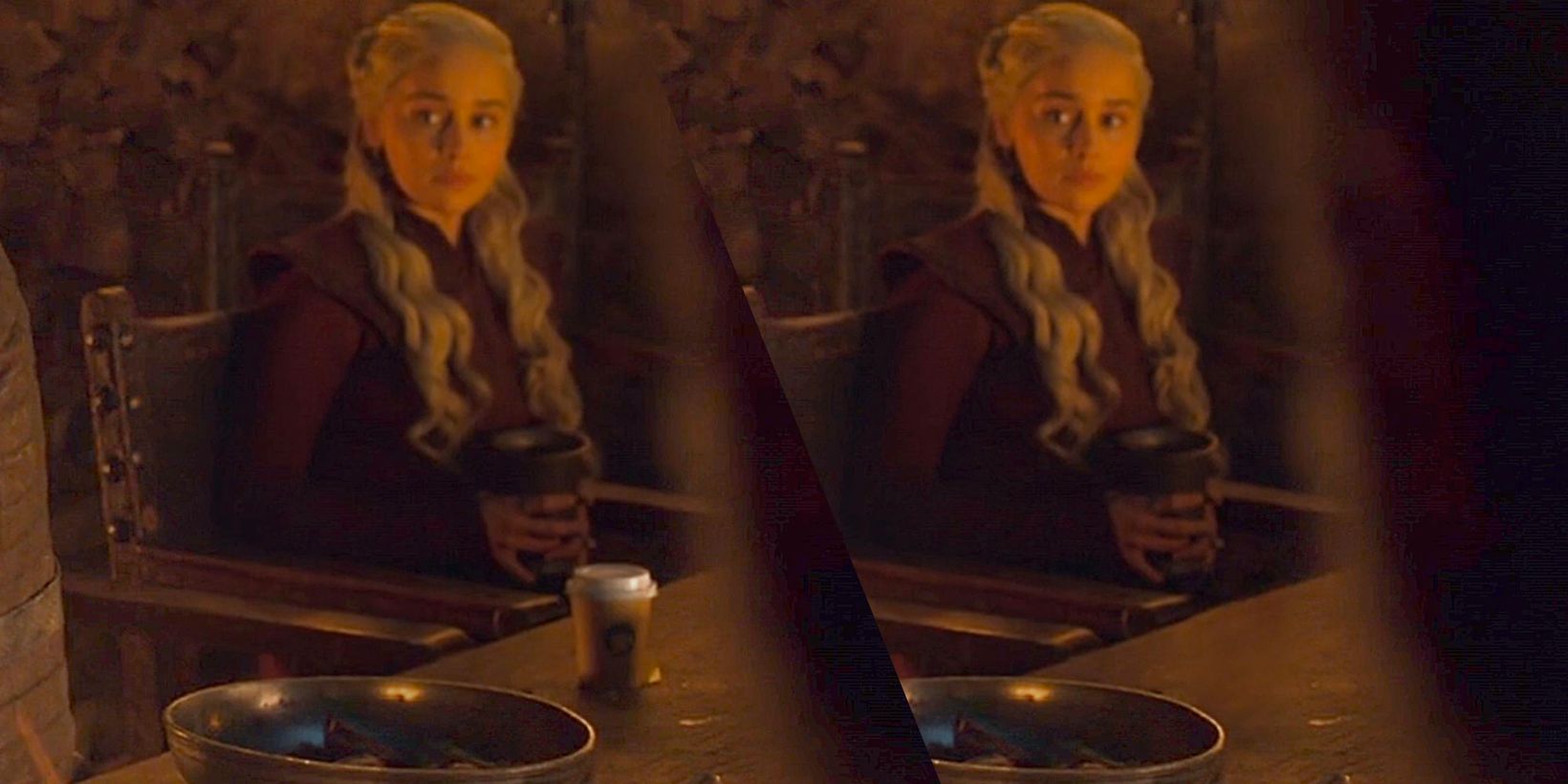 Emilia Clarke, en kaffekopp og et tomt bord